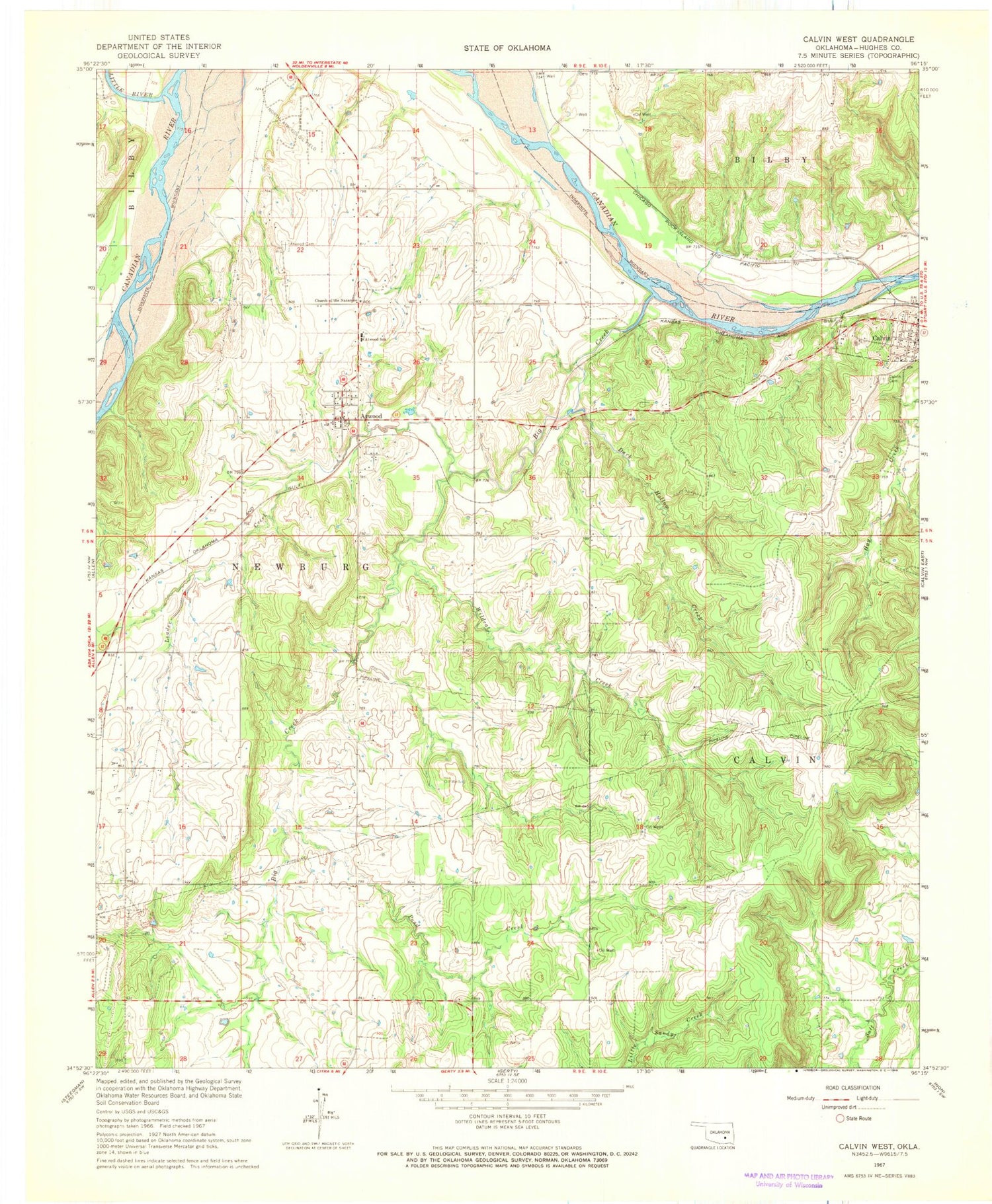 Classic USGS Calvin West Oklahoma 7.5'x7.5' Topo Map Image
