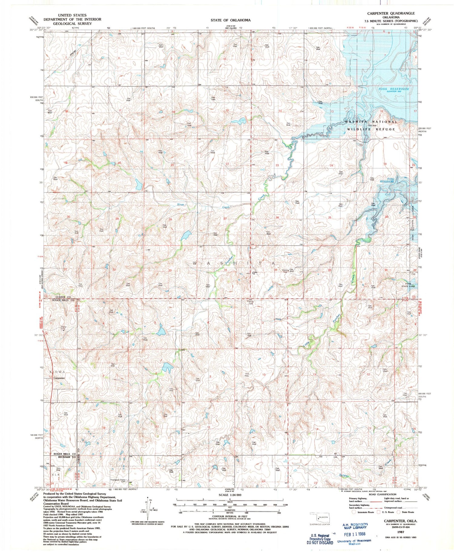 Classic USGS Carpenter Oklahoma 7.5'x7.5' Topo Map Image