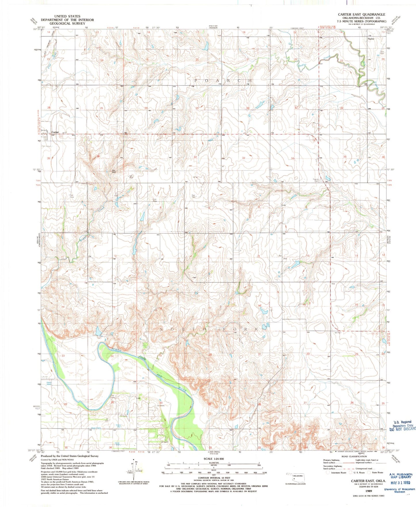 Classic USGS Carter East Oklahoma 7.5'x7.5' Topo Map Image
