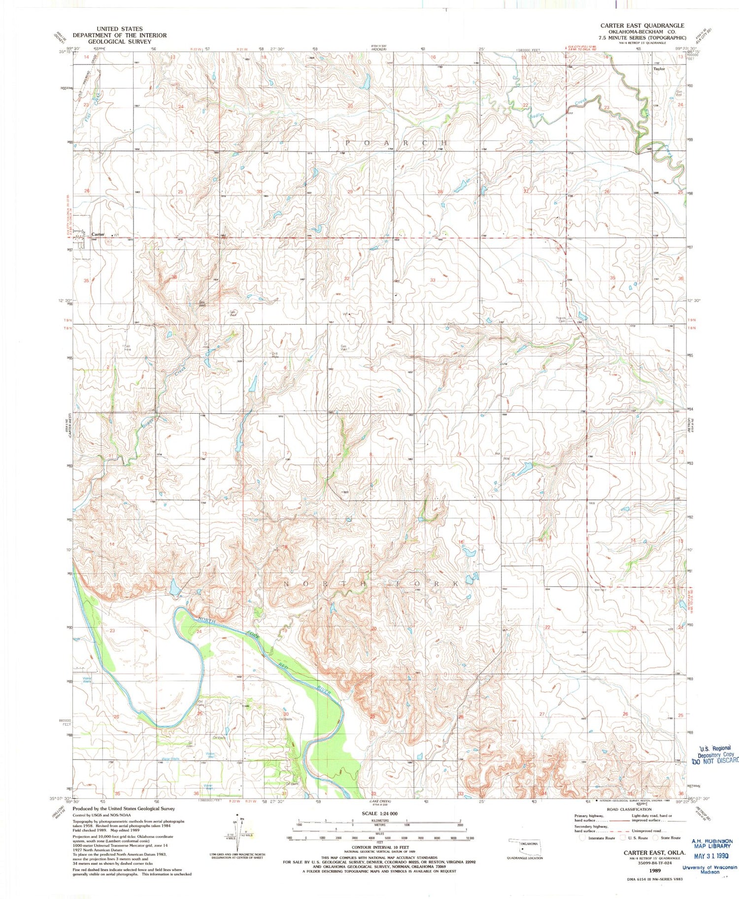 Classic USGS Carter East Oklahoma 7.5'x7.5' Topo Map Image