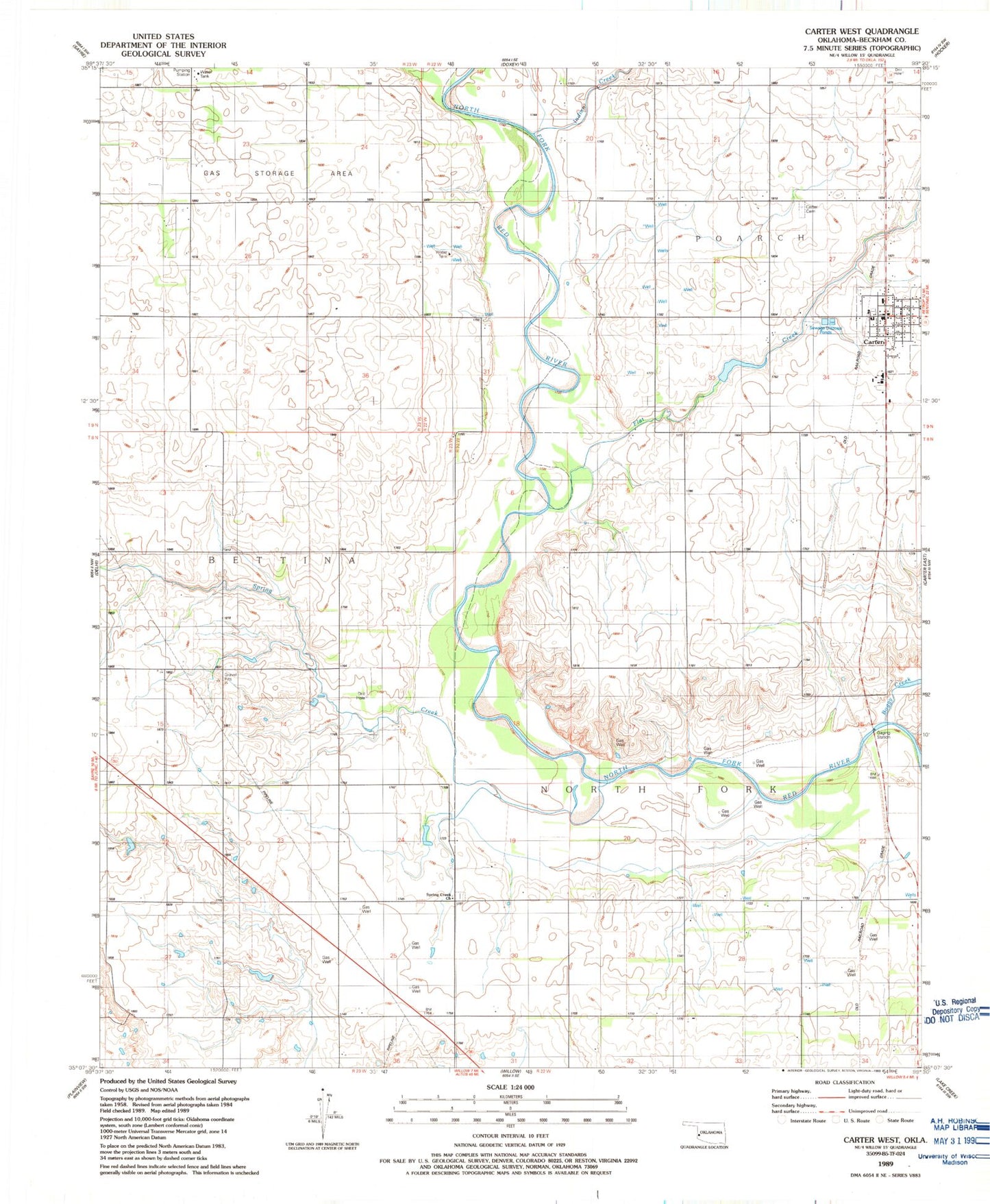 Classic USGS Carter West Oklahoma 7.5'x7.5' Topo Map Image
