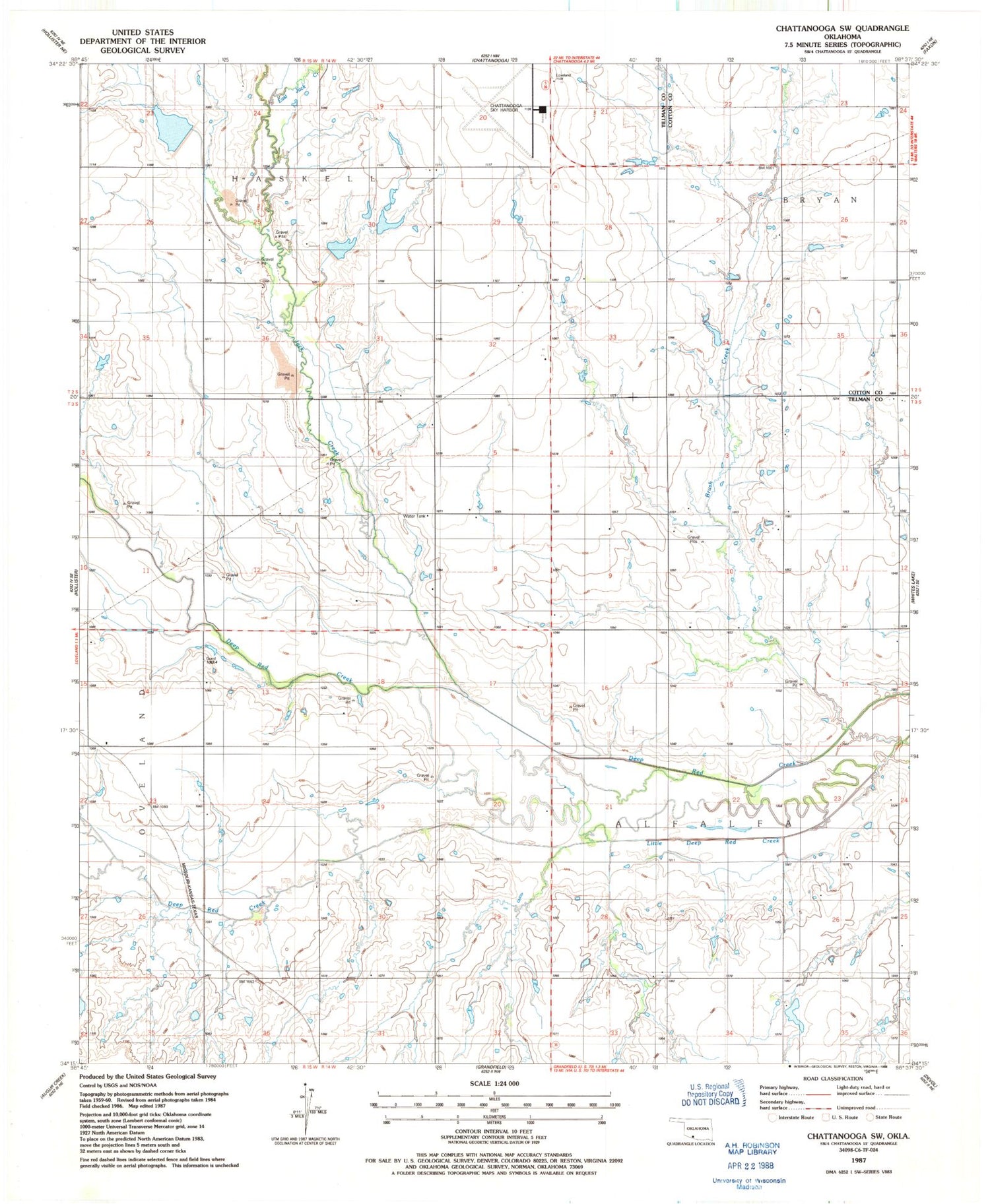 Classic USGS Chattanooga SW Oklahoma 7.5'x7.5' Topo Map Image
