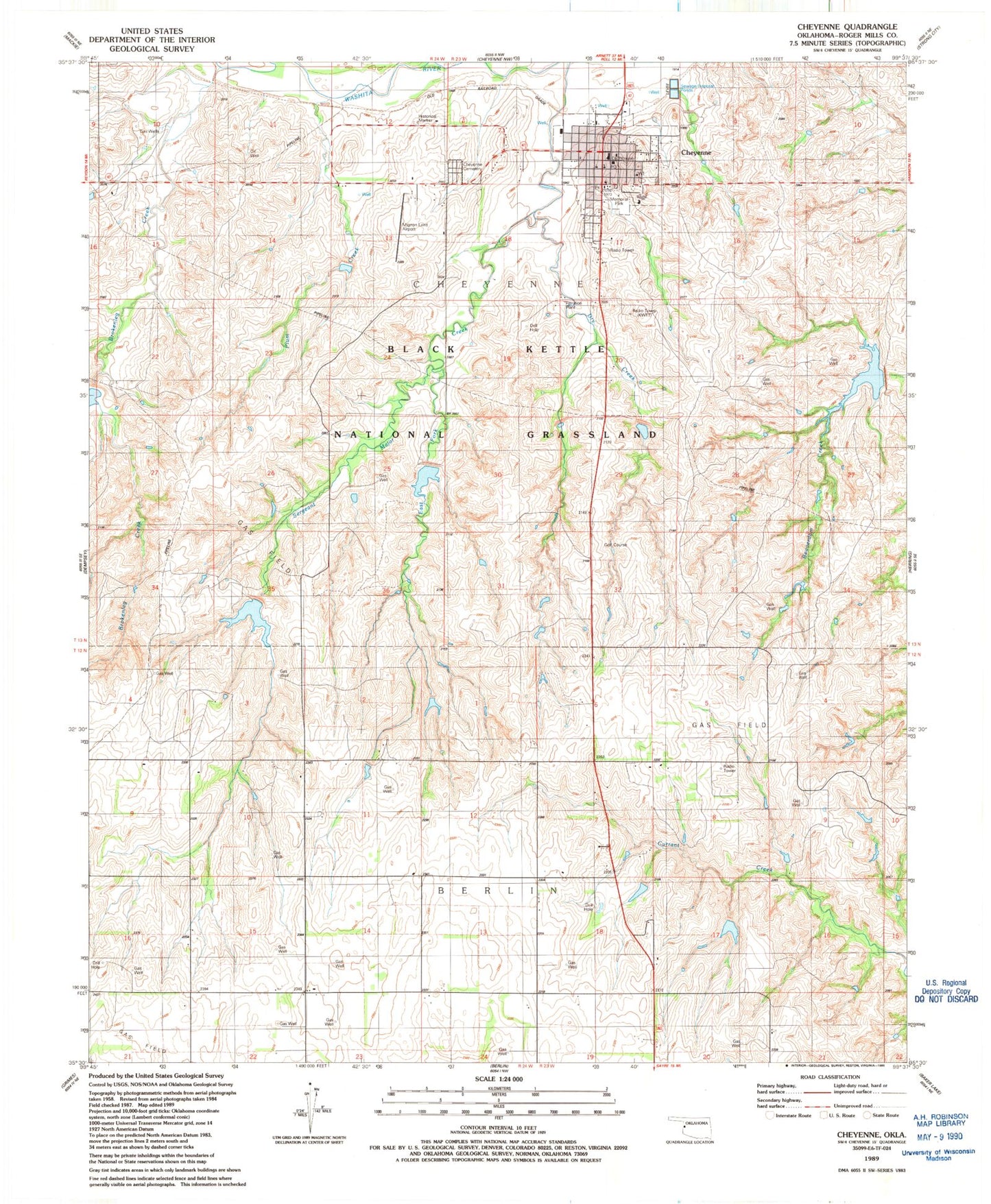 Classic USGS Cheyenne Oklahoma 7.5'x7.5' Topo Map Image