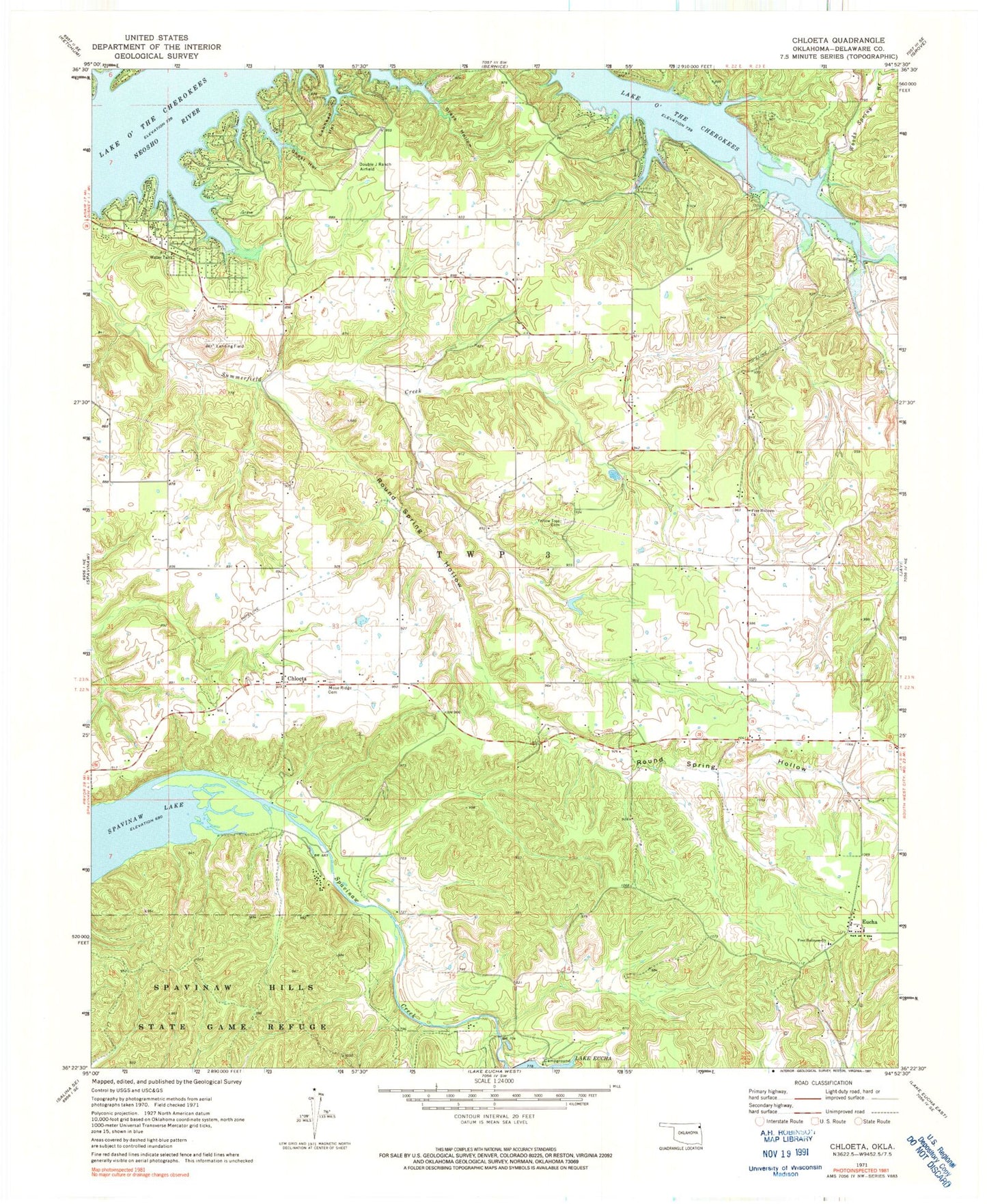 Classic USGS Chloeta Oklahoma 7.5'x7.5' Topo Map Image