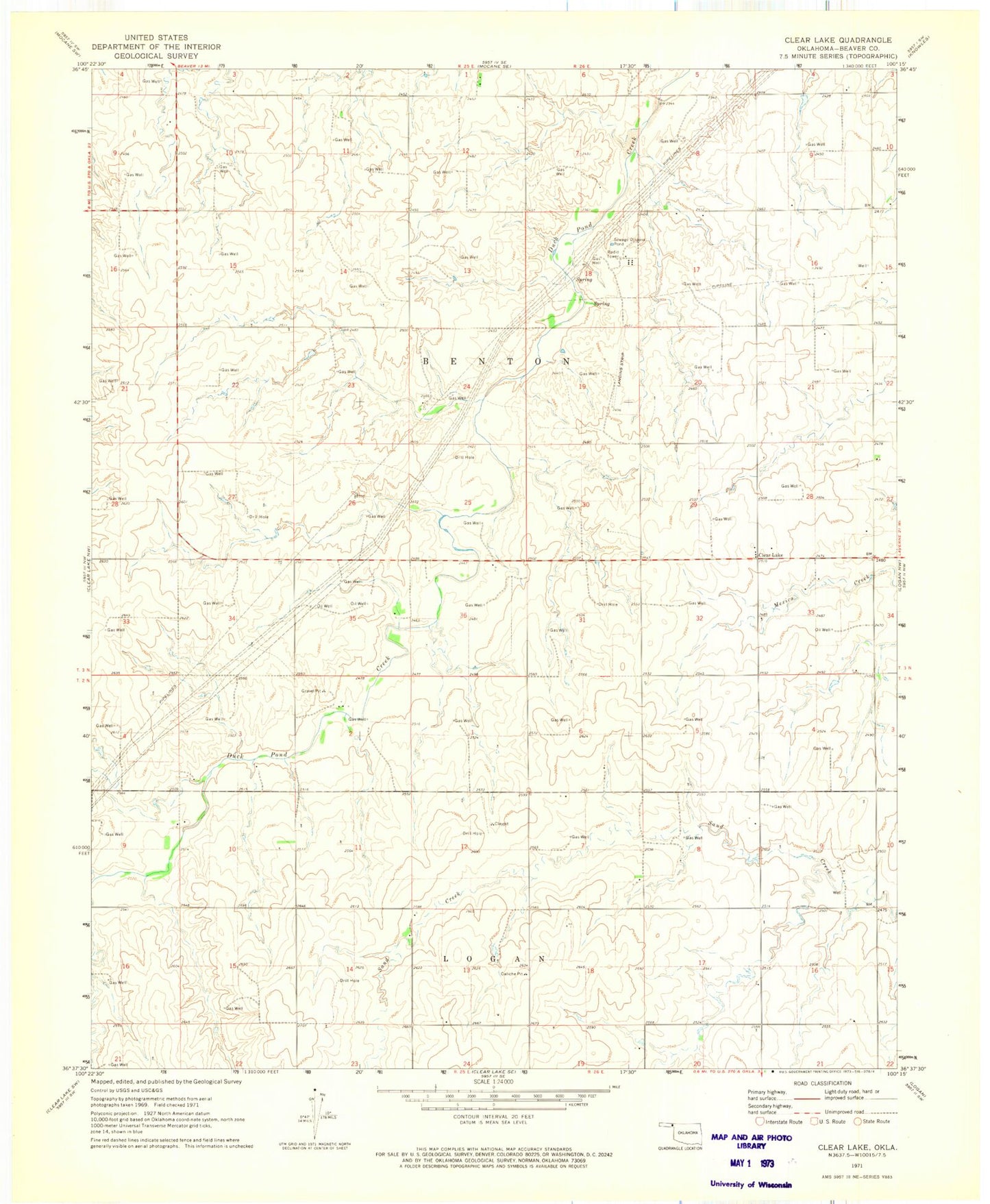 Classic USGS Clear Lake Oklahoma 7.5'x7.5' Topo Map Image