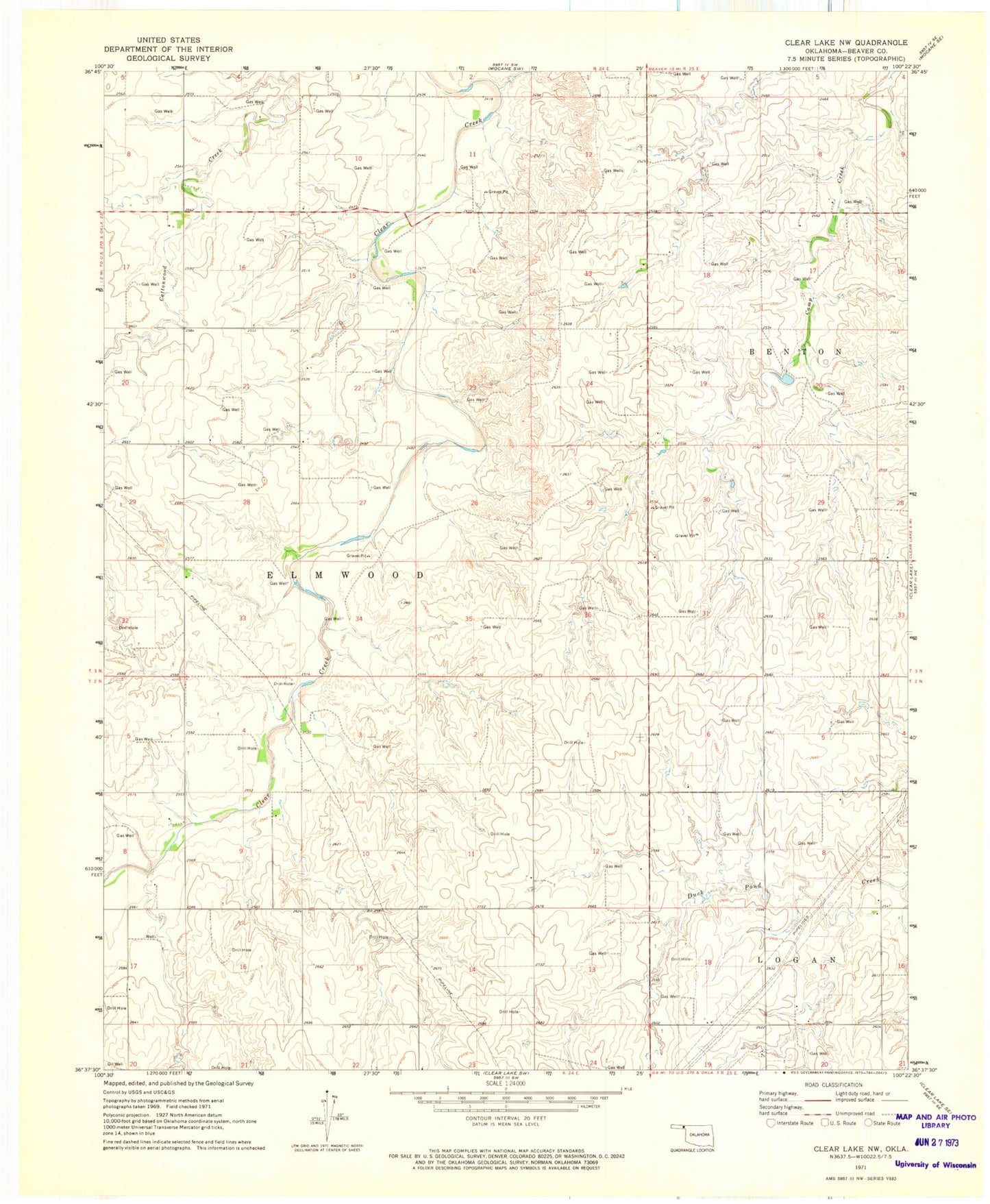 Classic USGS Clear Lake NW Oklahoma 7.5'x7.5' Topo Map Image