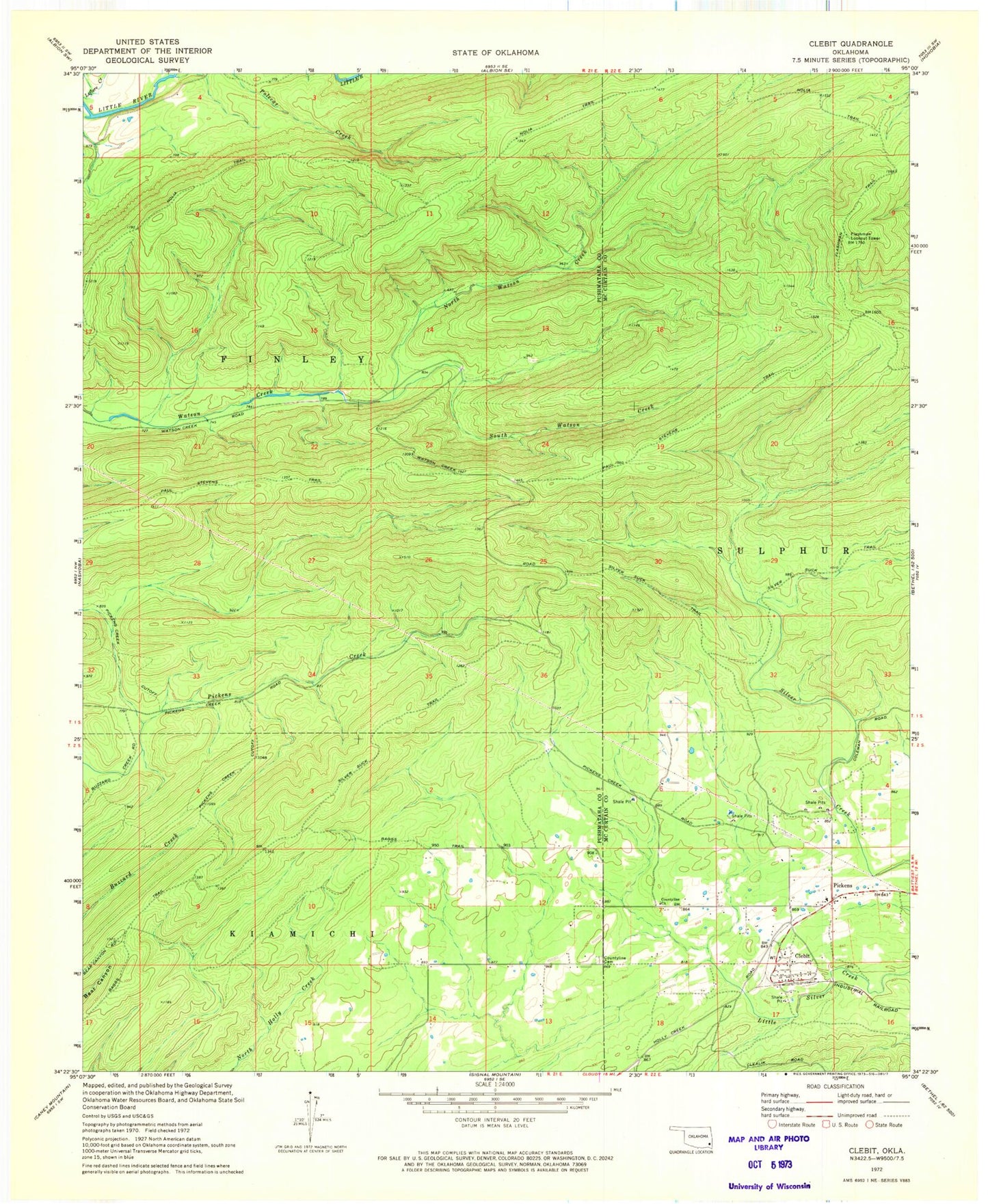 Classic USGS Clebit Oklahoma 7.5'x7.5' Topo Map Image