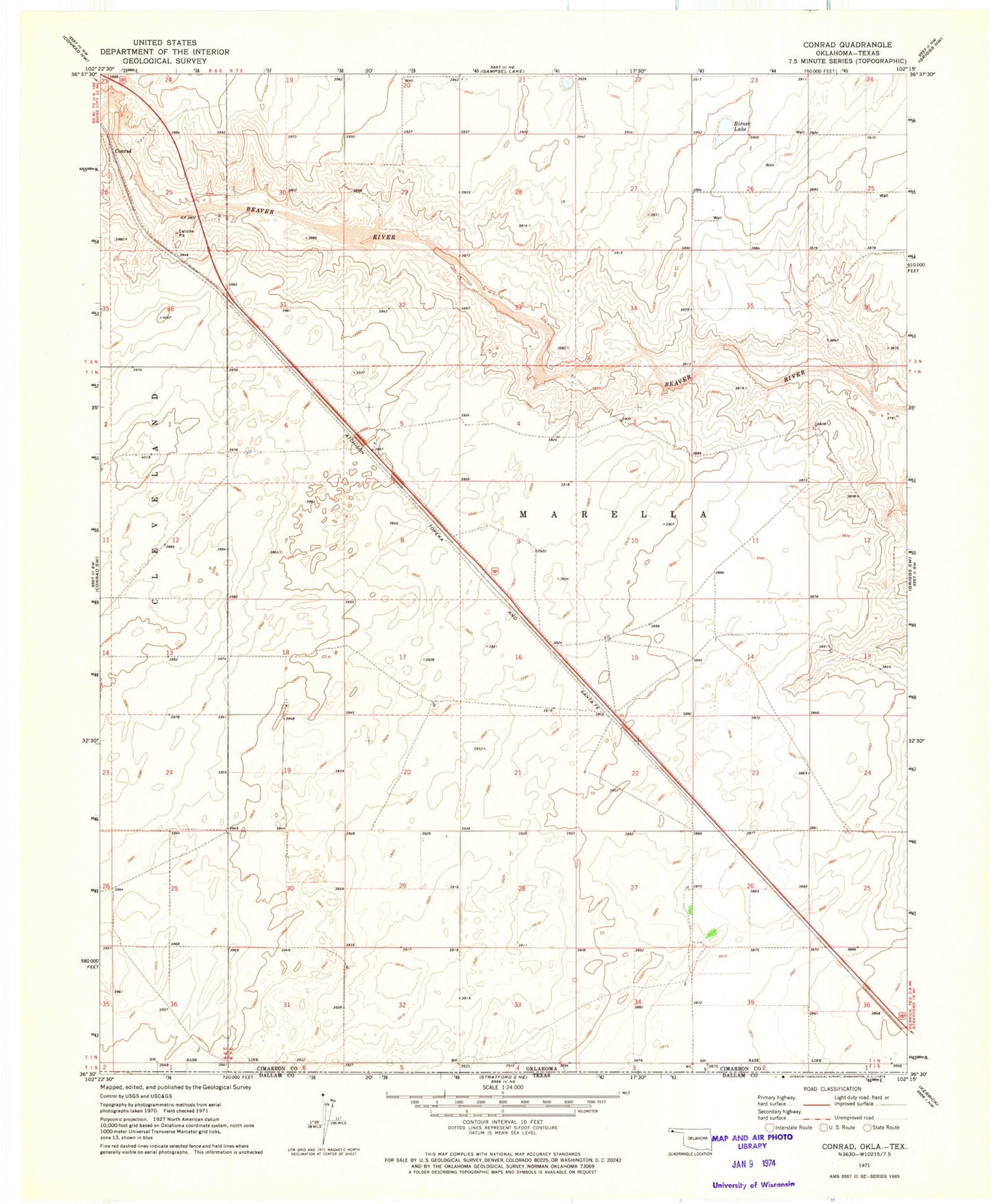 Classic USGS Conrad Oklahoma 7.5'x7.5' Topo Map Image