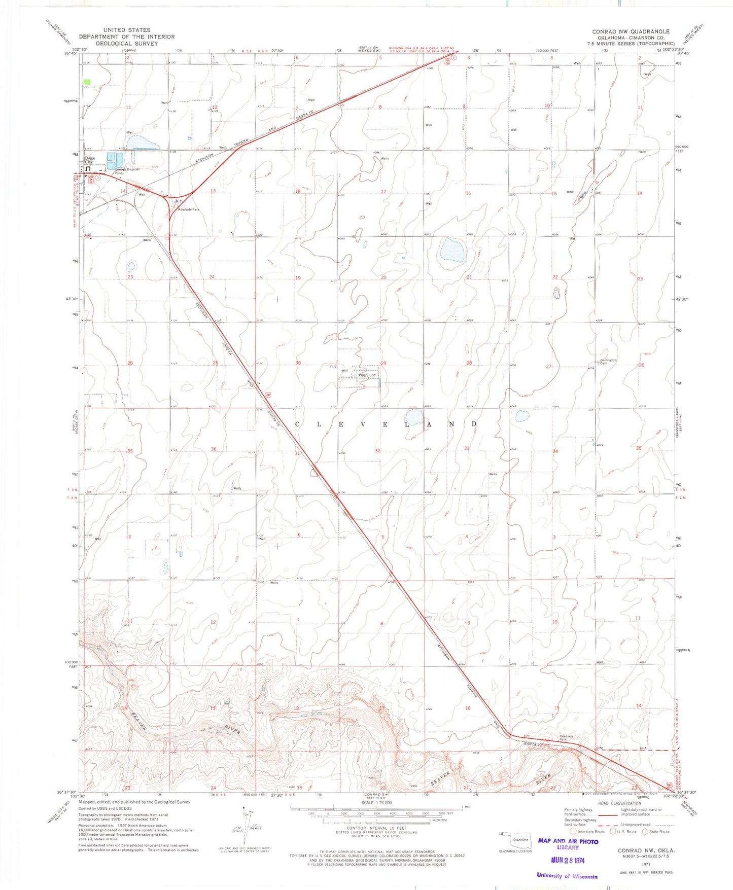 Classic USGS Conrad NW Oklahoma 7.5'x7.5' Topo Map Image