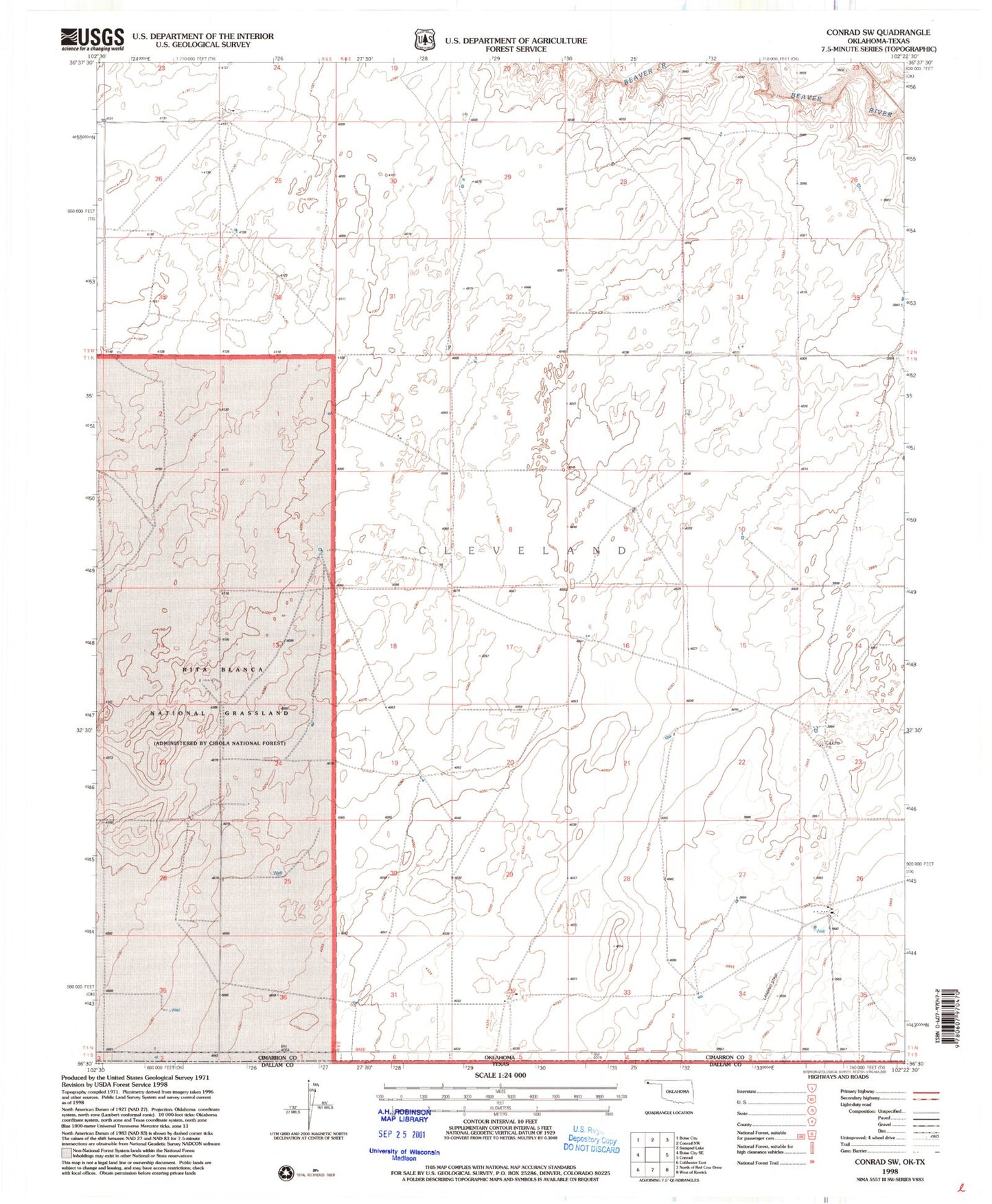 Classic USGS Conrad SW Oklahoma 7.5'x7.5' Topo Map Image