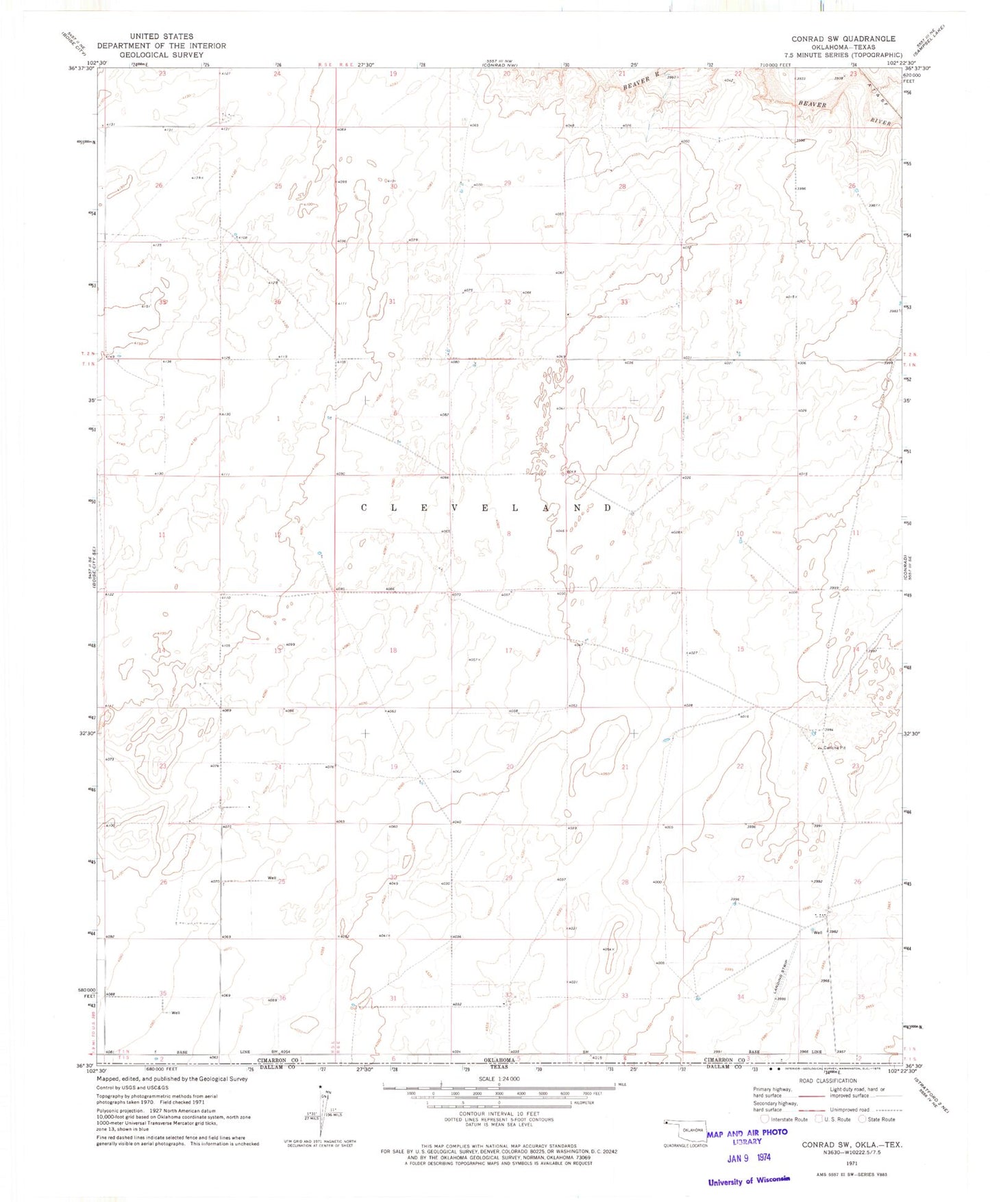 Classic USGS Conrad SW Oklahoma 7.5'x7.5' Topo Map Image
