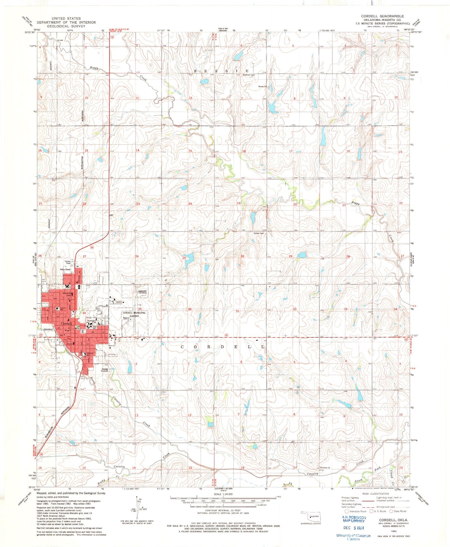Classic USGS Cordell Oklahoma 7.5'x7.5' Topo Map Image