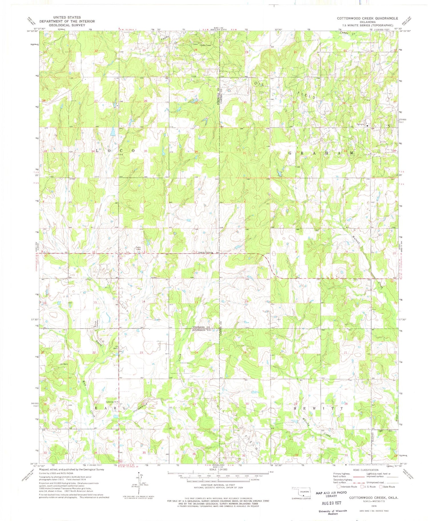 Classic USGS Cottonwood Creek Oklahoma 7.5'x7.5' Topo Map Image