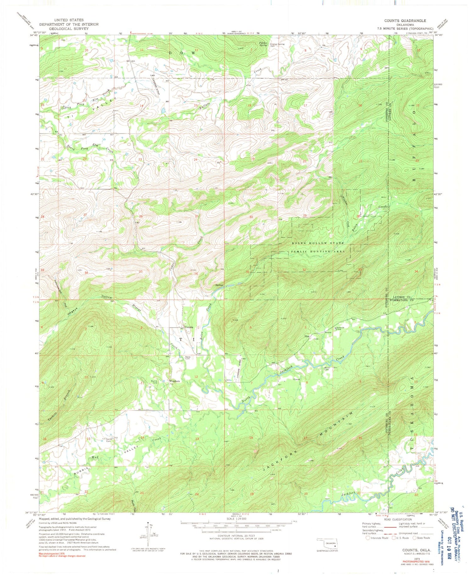 Classic USGS Counts Oklahoma 7.5'x7.5' Topo Map Image