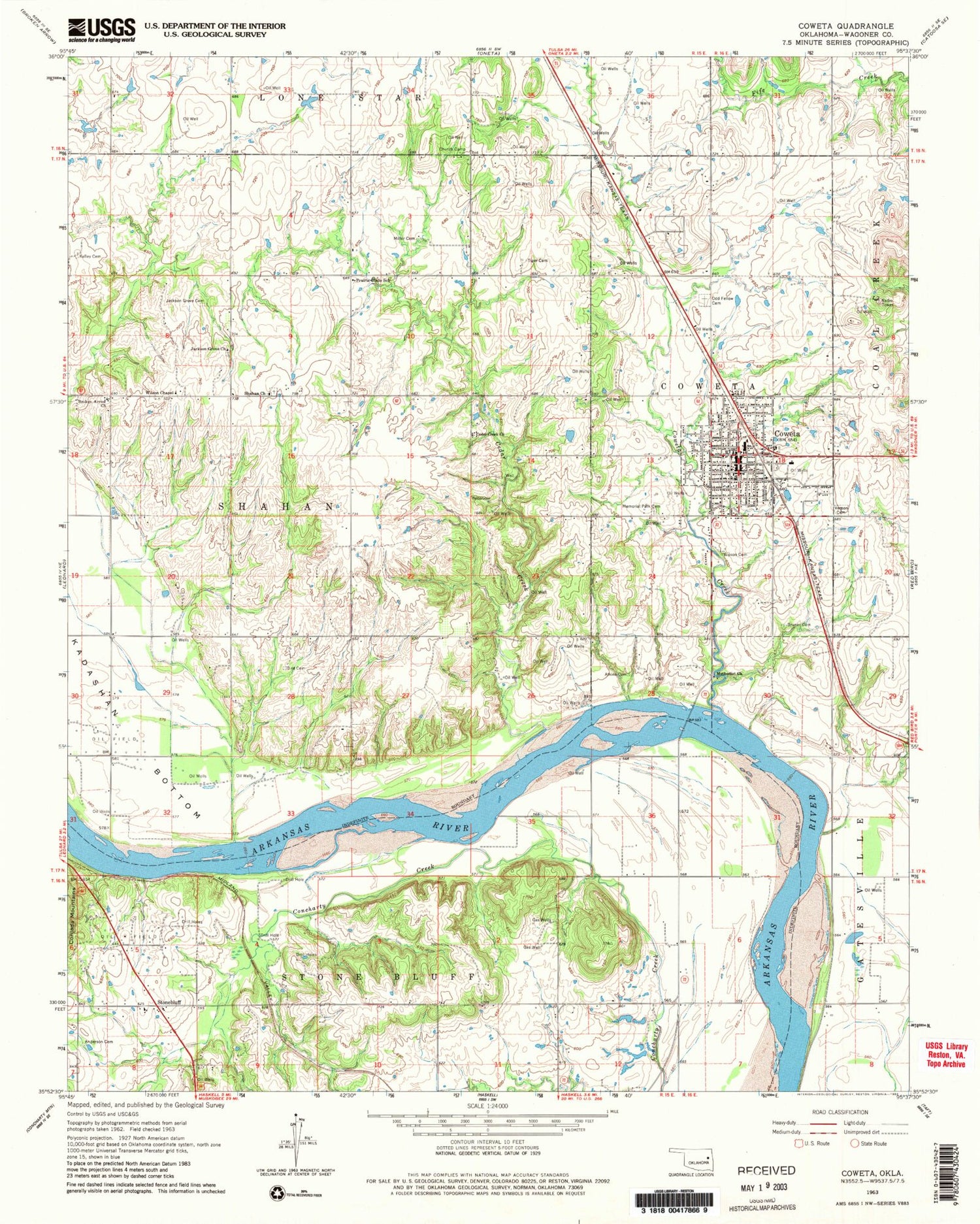 Classic USGS Coweta Oklahoma 7.5'x7.5' Topo Map Image