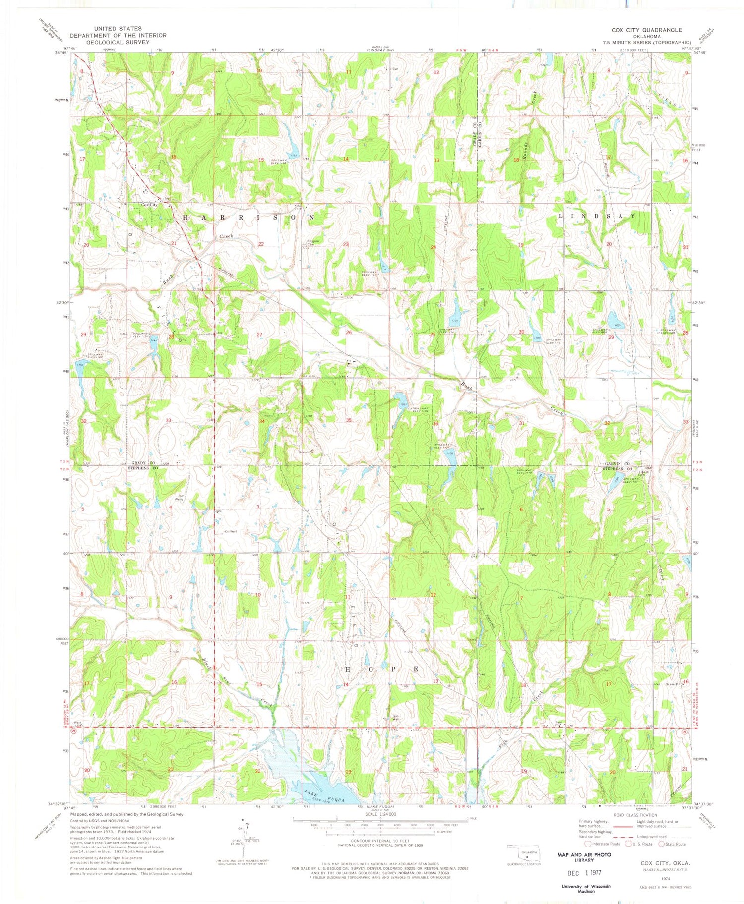 Classic USGS Cox City Oklahoma 7.5'x7.5' Topo Map Image