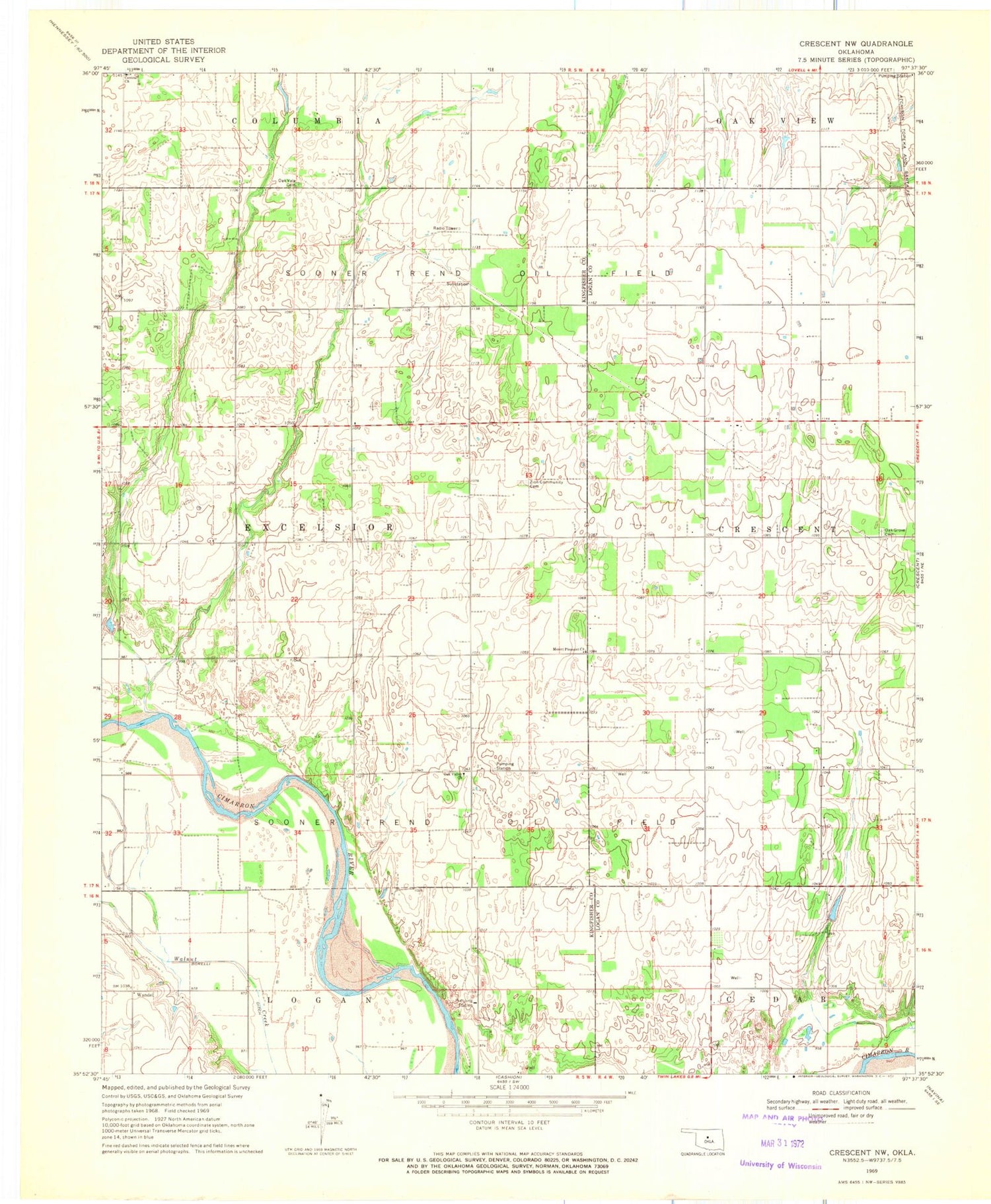 Classic USGS Crescent NW Oklahoma 7.5'x7.5' Topo Map Image