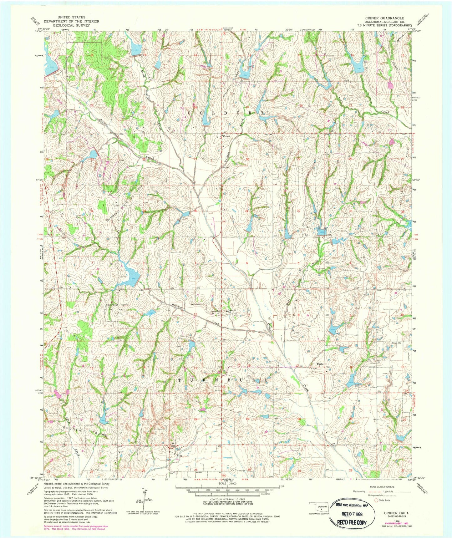 Classic USGS Criner Oklahoma 7.5'x7.5' Topo Map Image