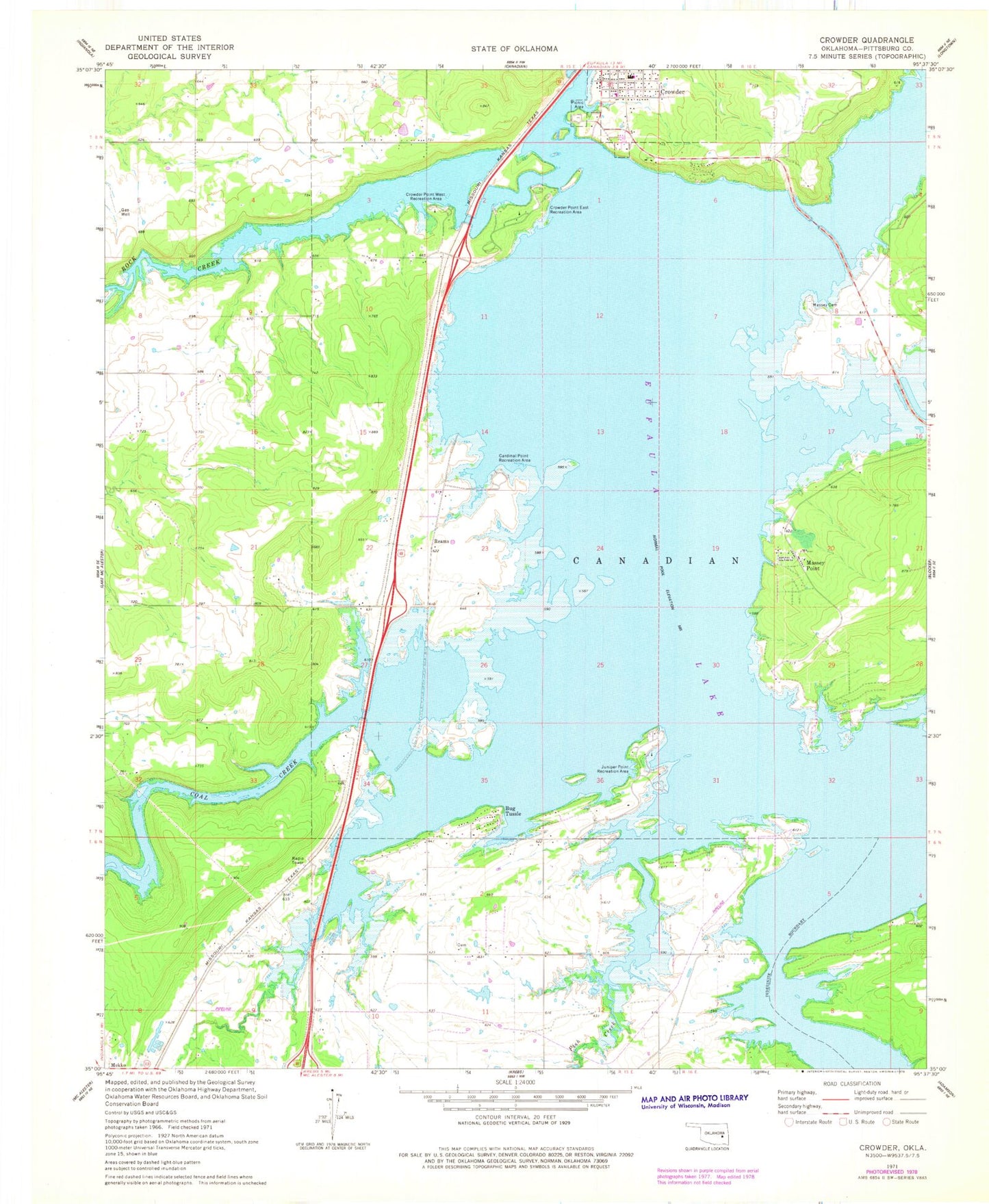 Classic USGS Crowder Oklahoma 7.5'x7.5' Topo Map Image