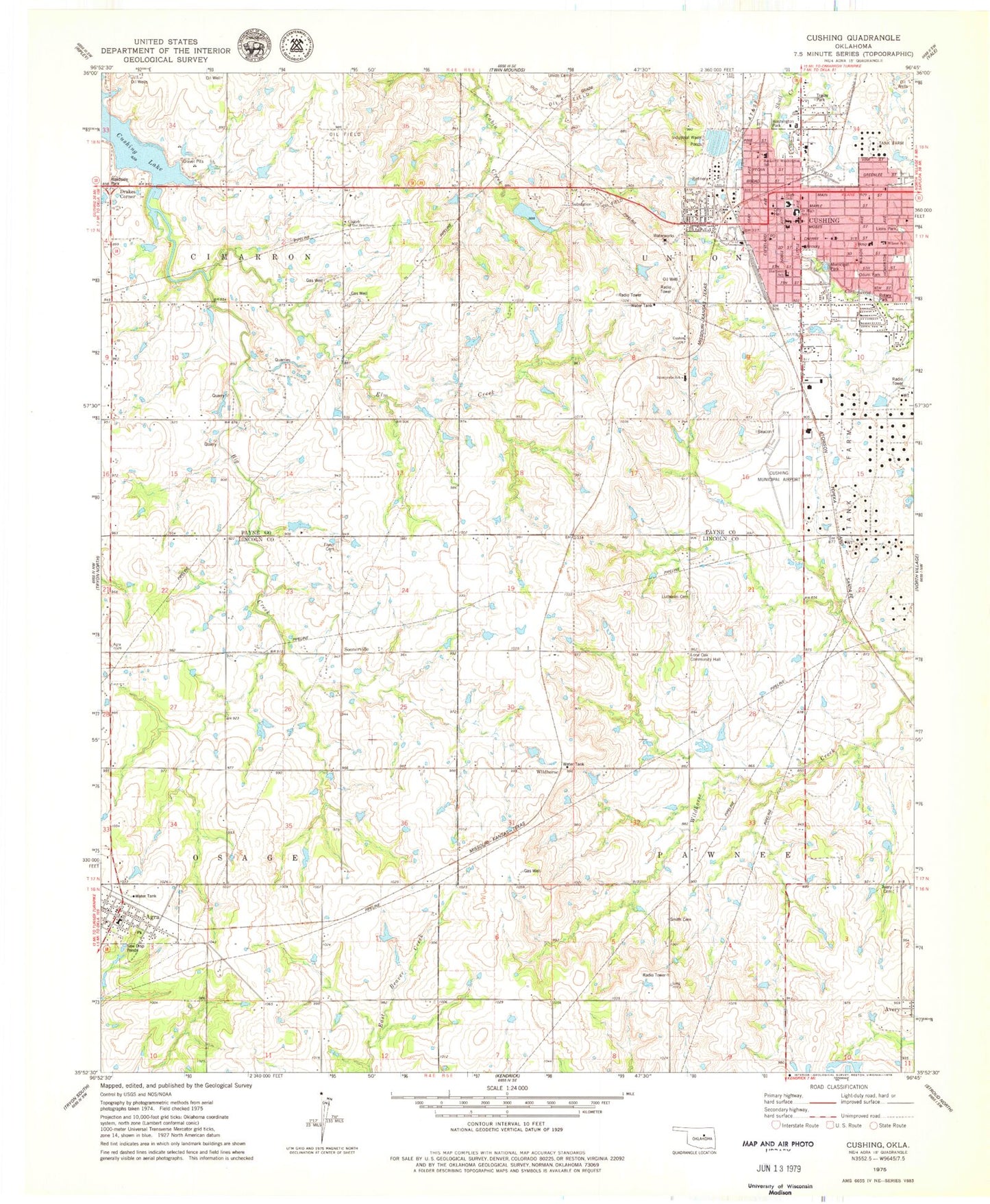 Classic USGS Cushing Oklahoma 7.5'x7.5' Topo Map Image