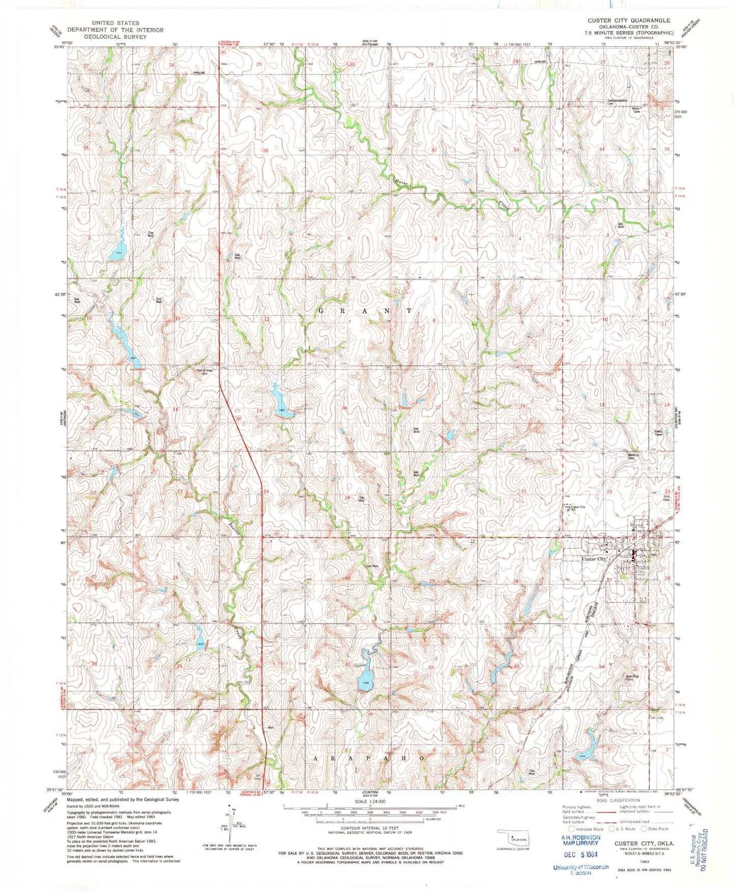 Classic USGS Custer City Oklahoma 7.5'x7.5' Topo Map Image