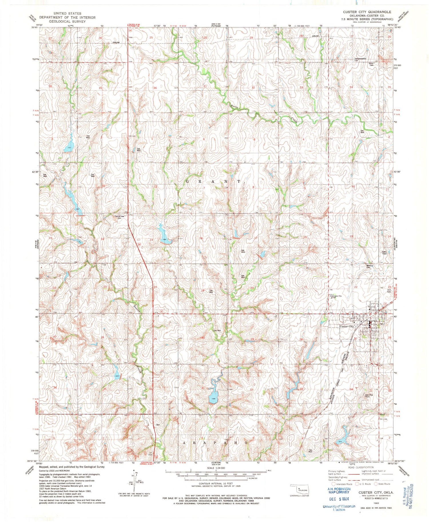 Classic USGS Custer City Oklahoma 7.5'x7.5' Topo Map Image