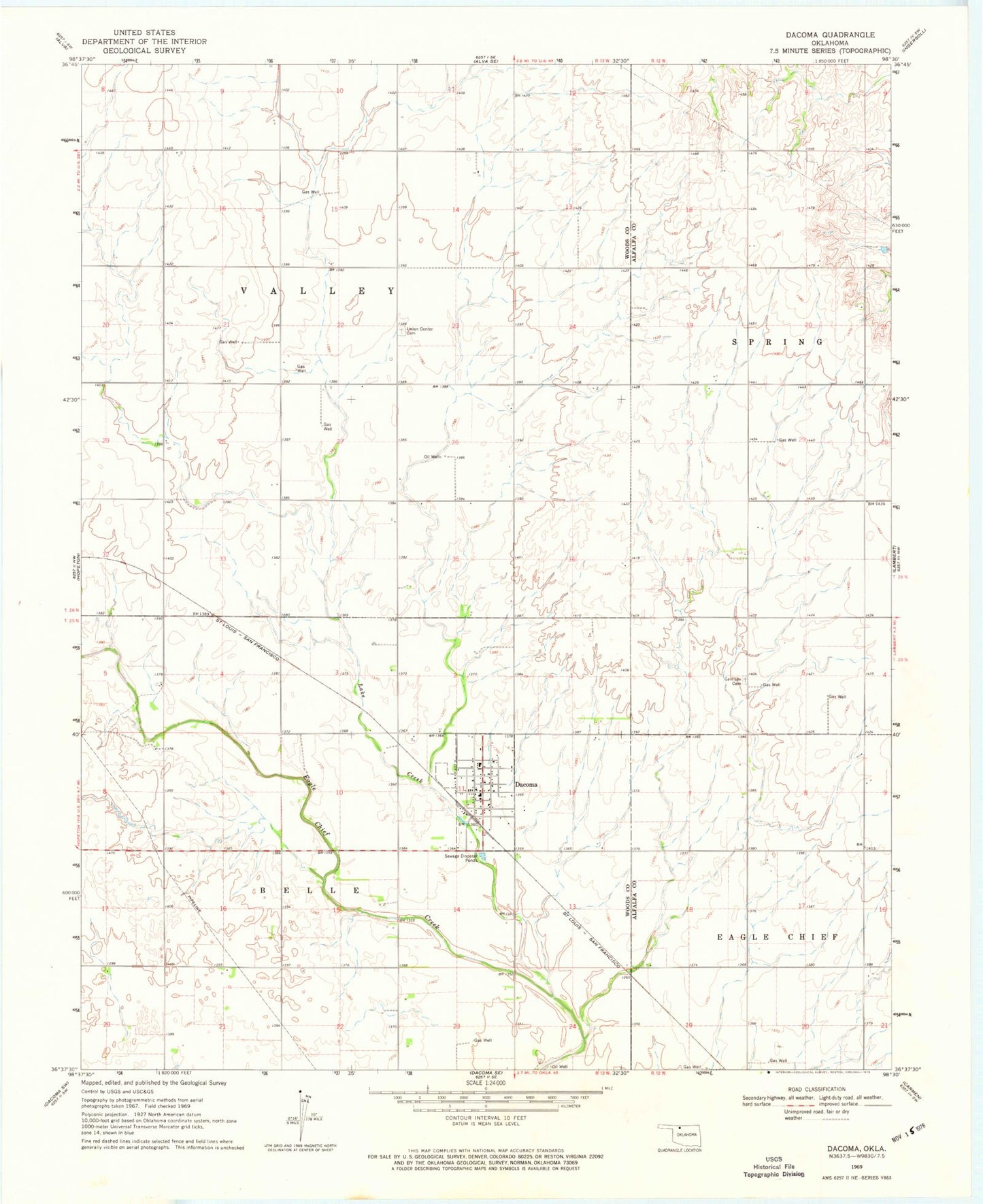 Classic USGS Dacoma Oklahoma 7.5'x7.5' Topo Map Image