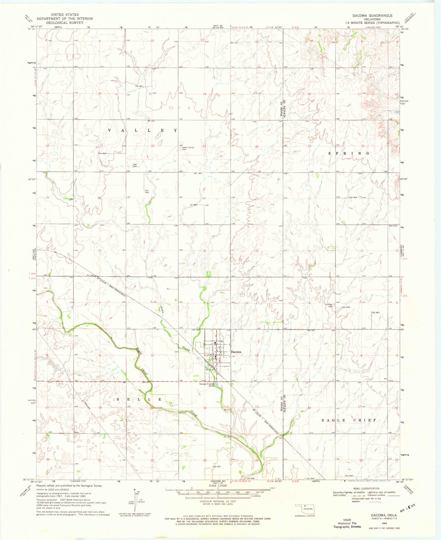 Classic USGS Dacoma Oklahoma 7.5'x7.5' Topo Map Image