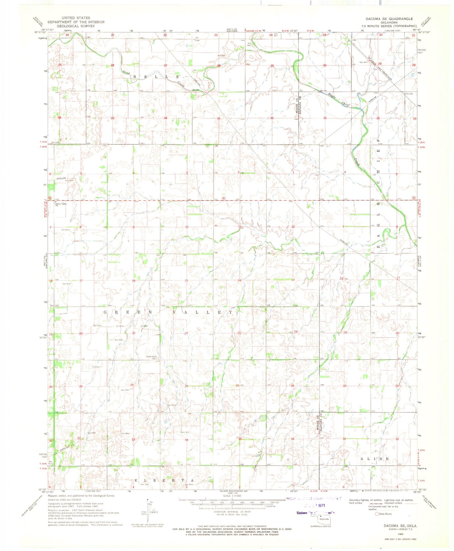 Classic USGS Dacoma SE Oklahoma 7.5'x7.5' Topo Map Image