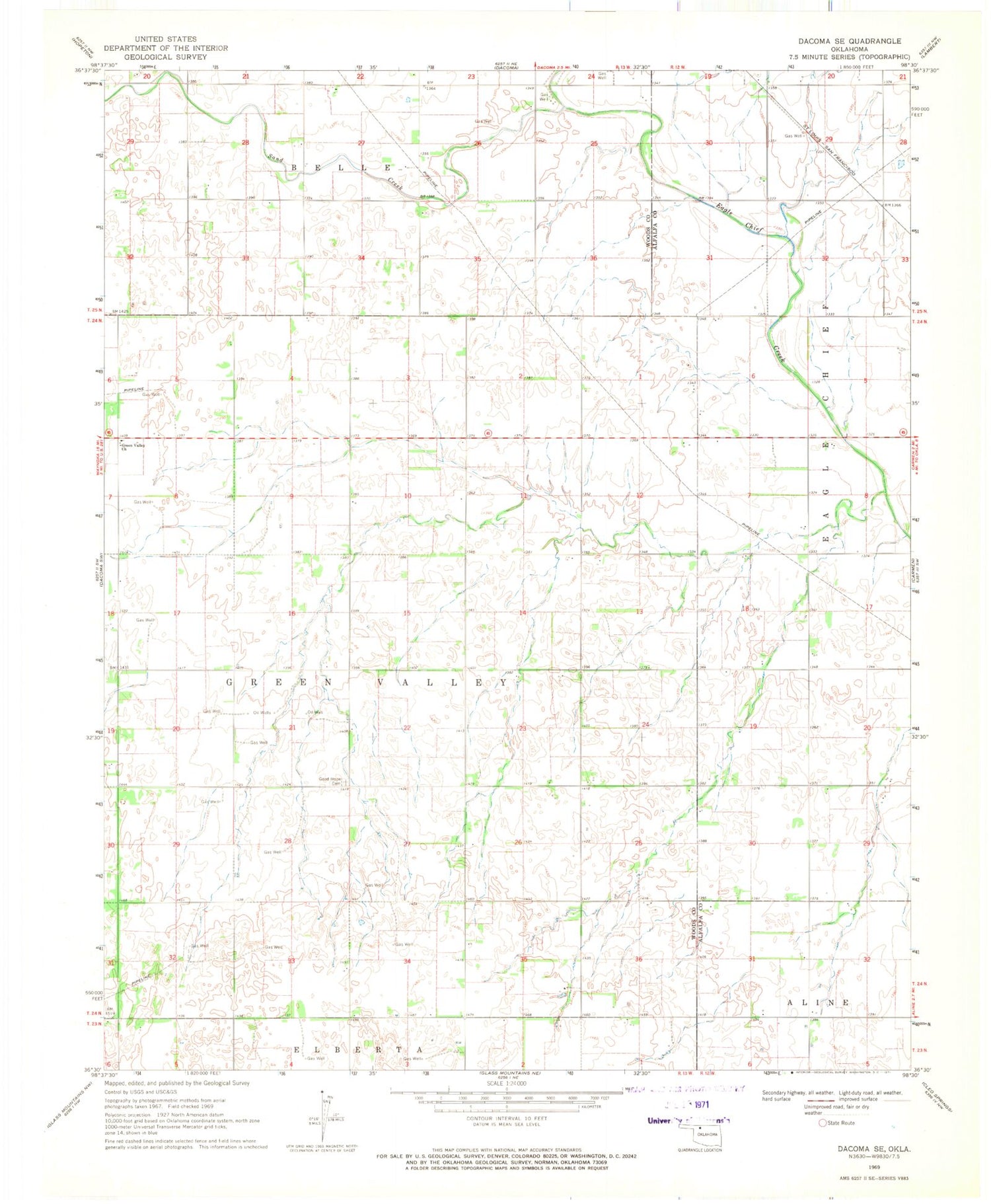 Classic USGS Dacoma SE Oklahoma 7.5'x7.5' Topo Map Image