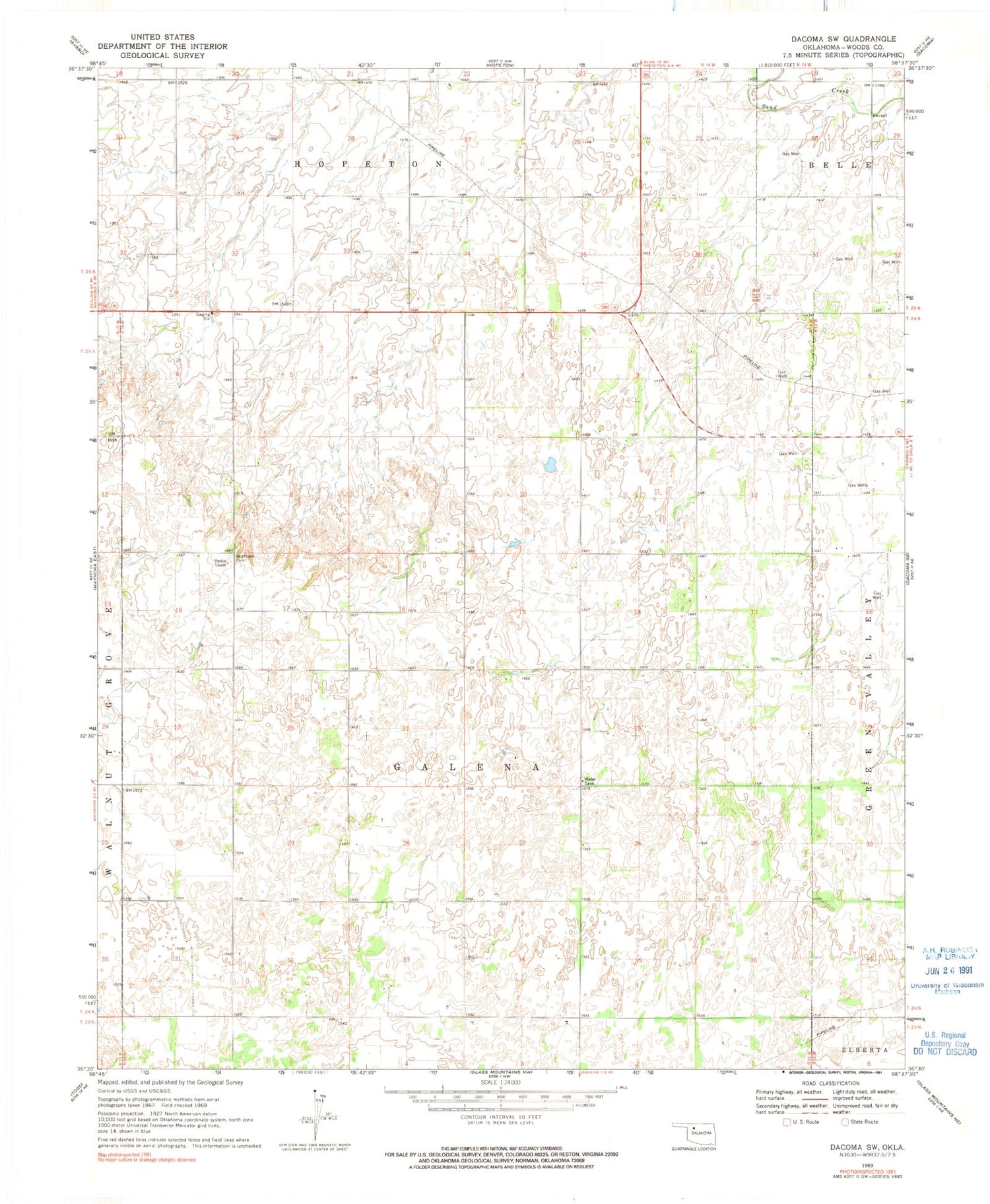 Classic USGS Dacoma SW Oklahoma 7.5'x7.5' Topo Map Image
