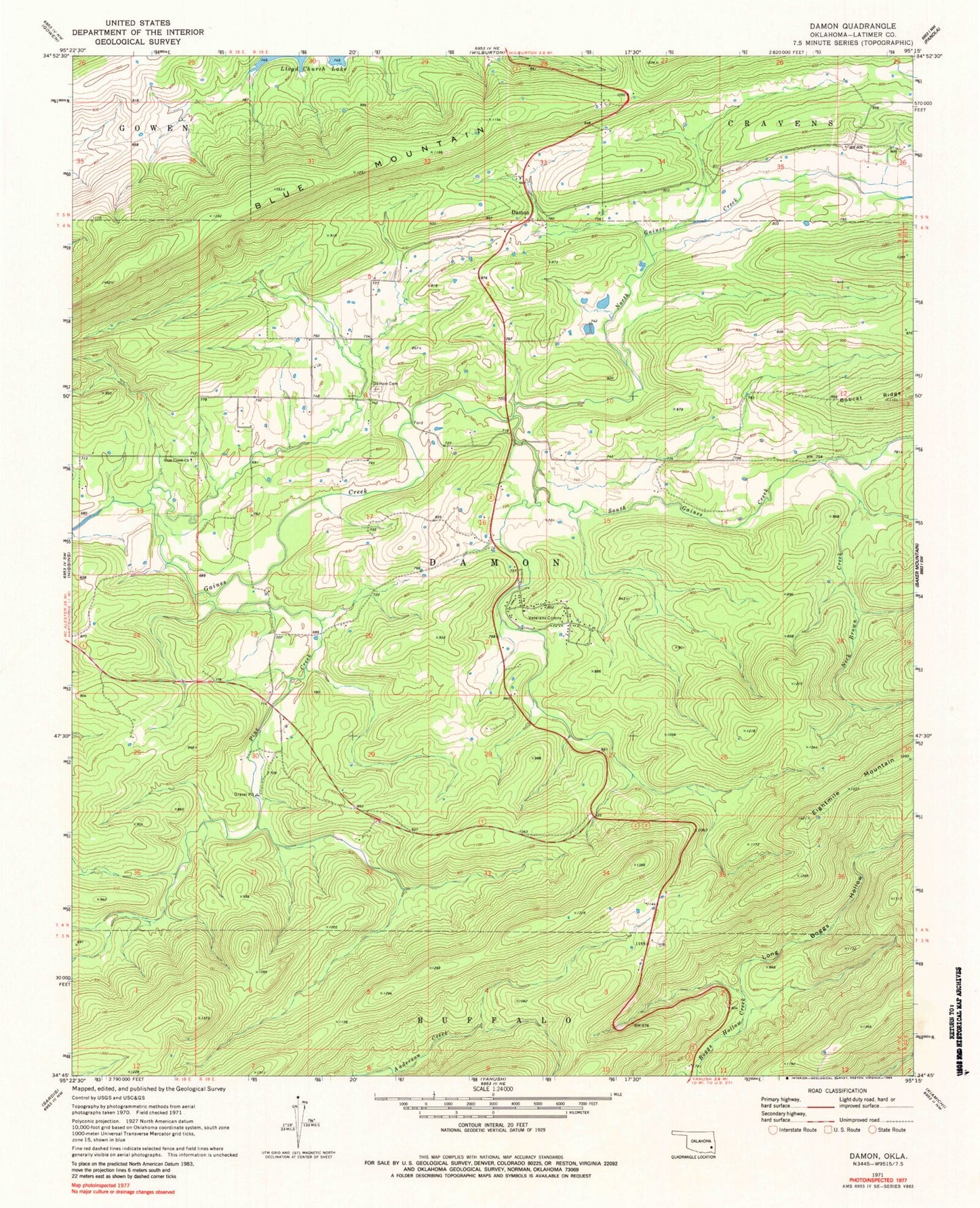 Classic USGS Damon Oklahoma 7.5'x7.5' Topo Map Image