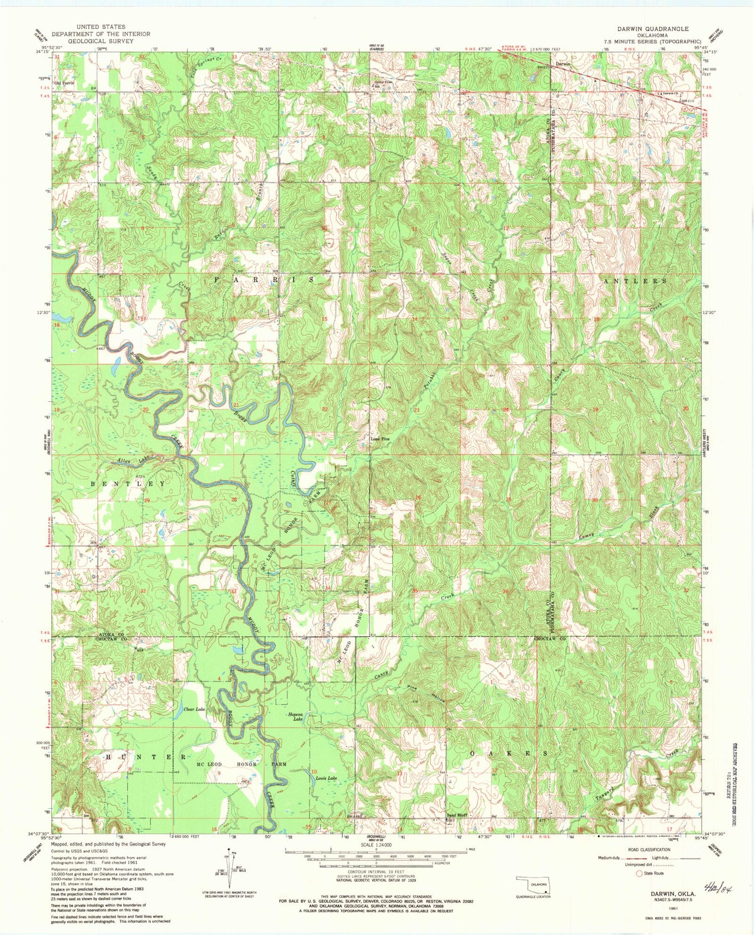 Classic USGS Darwin Oklahoma 7.5'x7.5' Topo Map Image