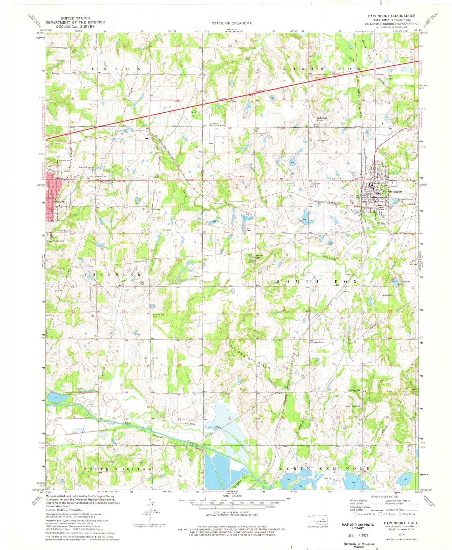 Classic USGS Davenport Oklahoma 7.5'x7.5' Topo Map Image