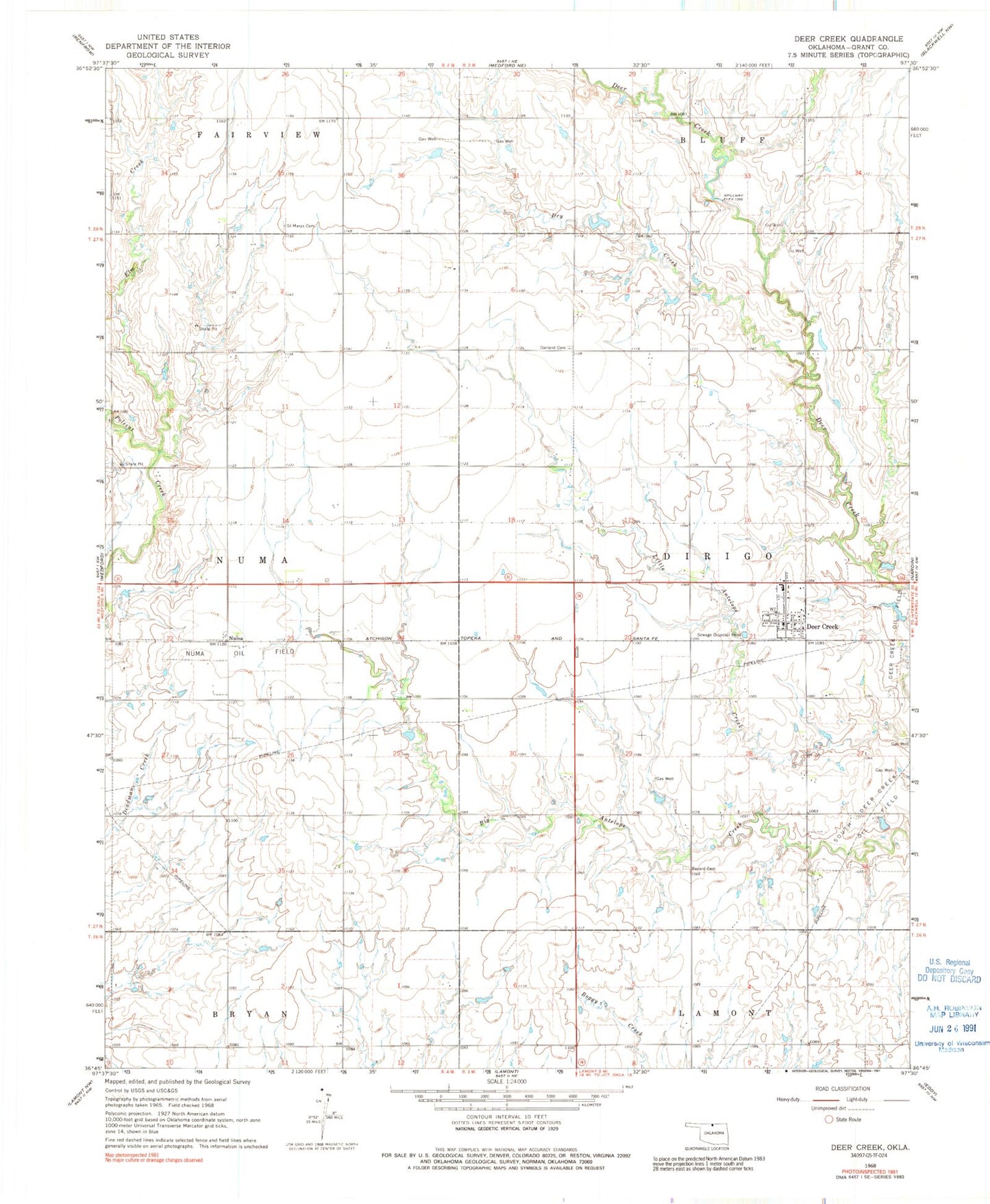 Classic USGS Deer Creek Oklahoma 7.5'x7.5' Topo Map Image