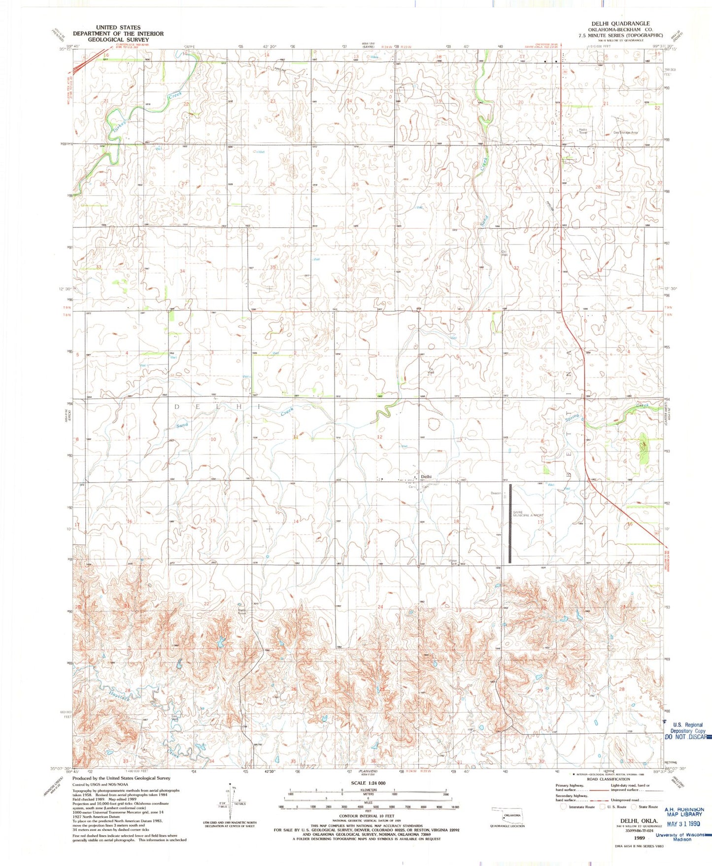 Classic USGS Delhi Oklahoma 7.5'x7.5' Topo Map Image
