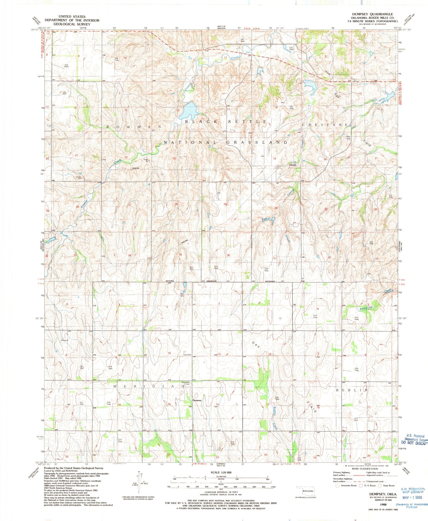 Classic USGS Dempsey Oklahoma 7.5'x7.5' Topo Map Image