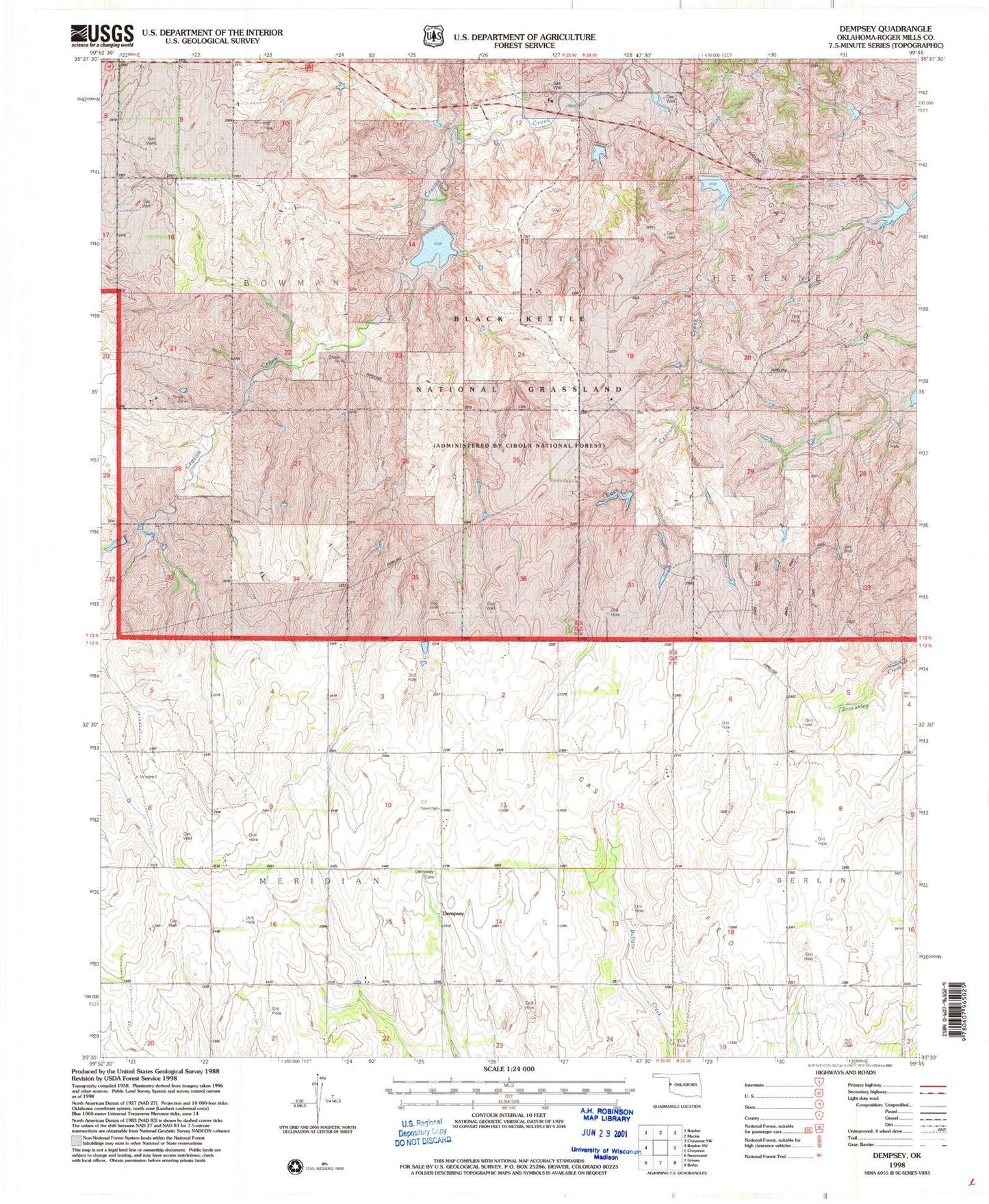 Classic USGS Dempsey Oklahoma 7.5'x7.5' Topo Map Image