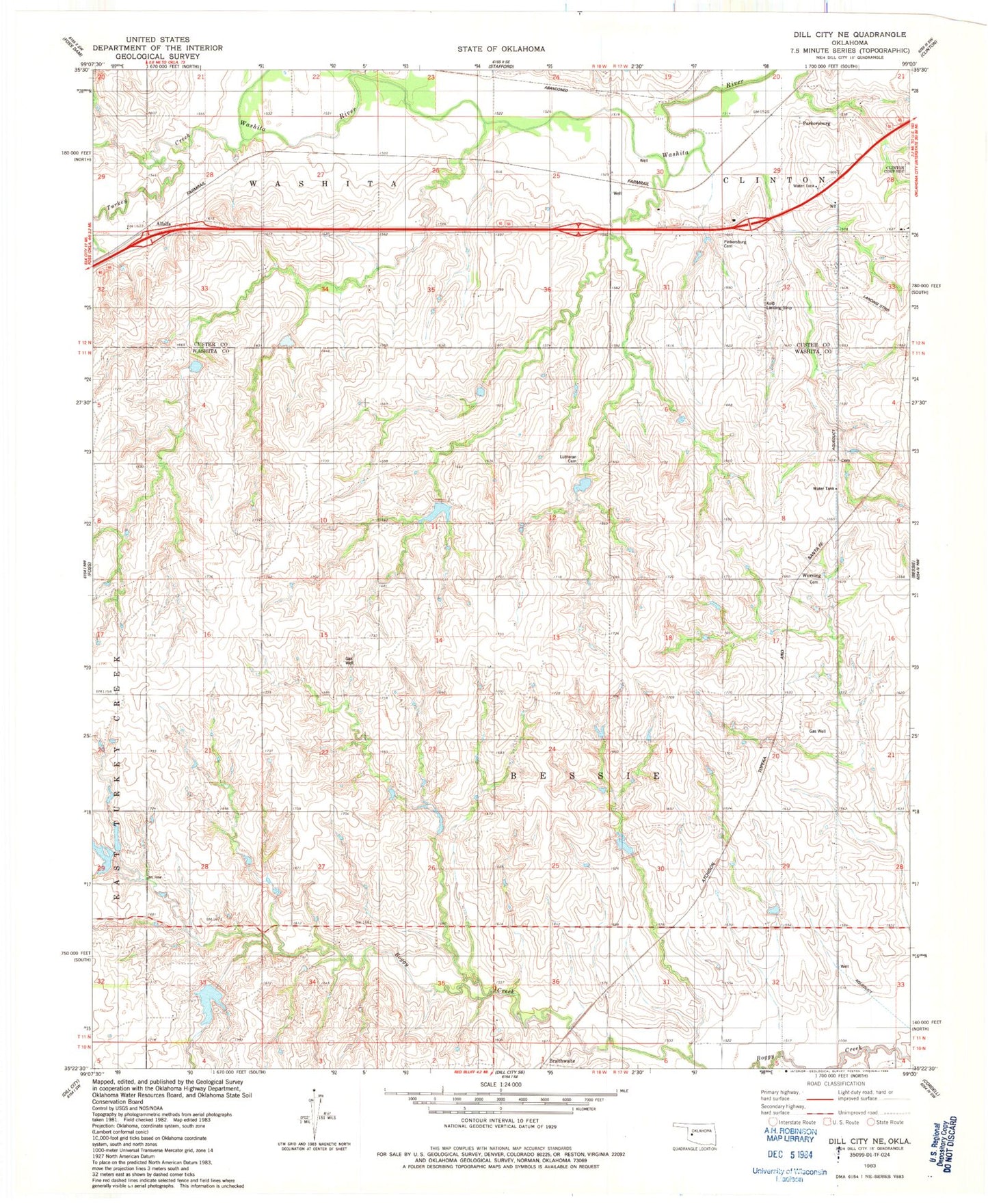 Classic USGS Dill City NE Oklahoma 7.5'x7.5' Topo Map Image