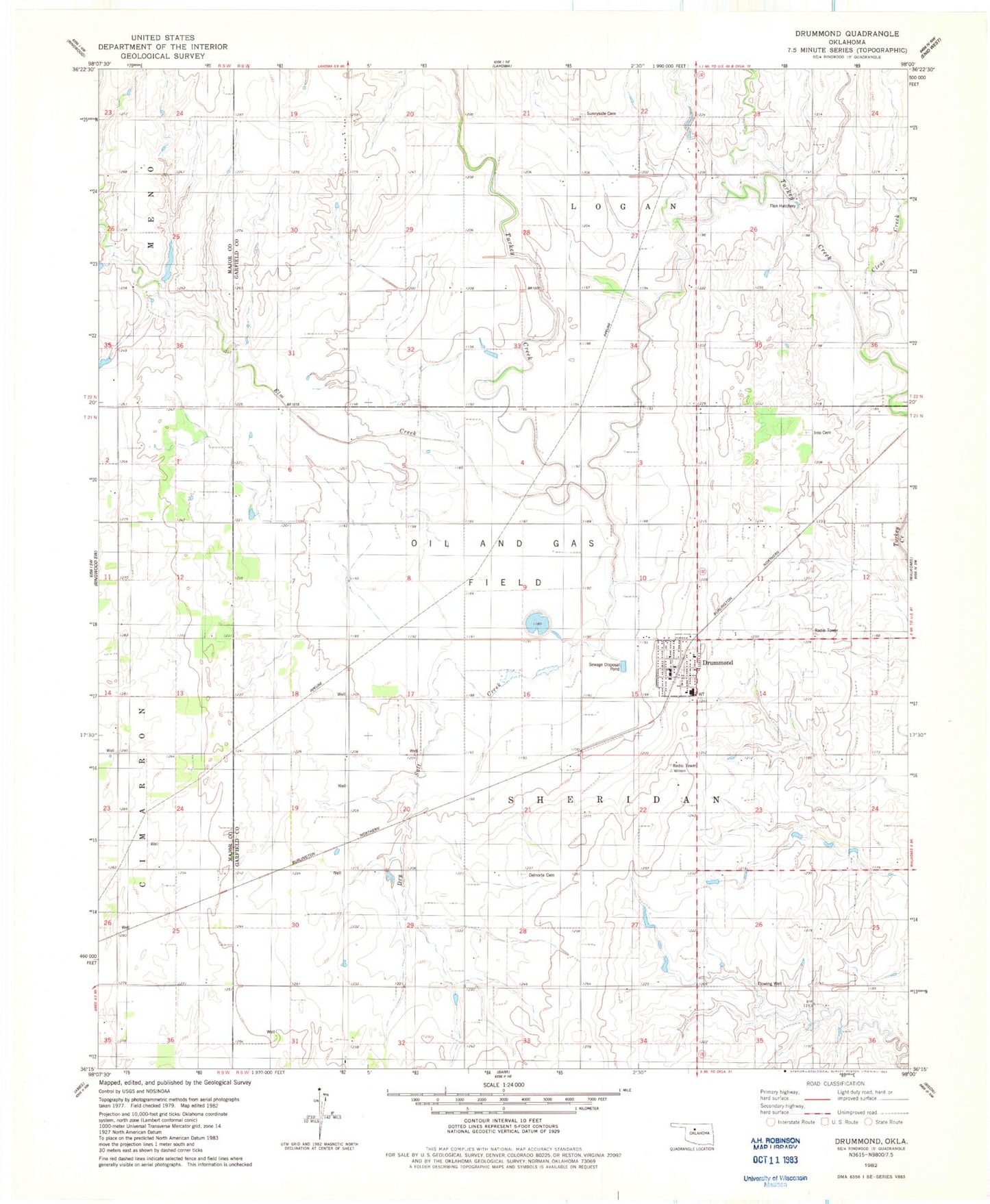 Classic USGS Drummond Oklahoma 7.5'x7.5' Topo Map Image