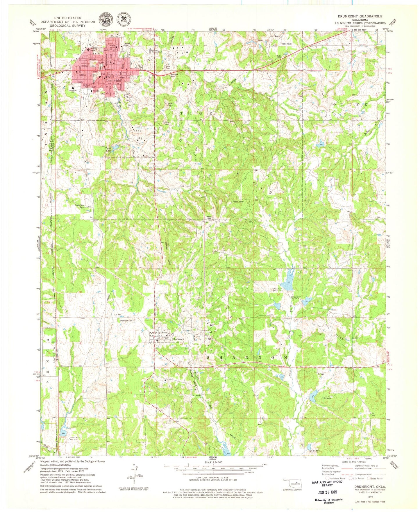 Classic USGS Drumright Oklahoma 7.5'x7.5' Topo Map Image