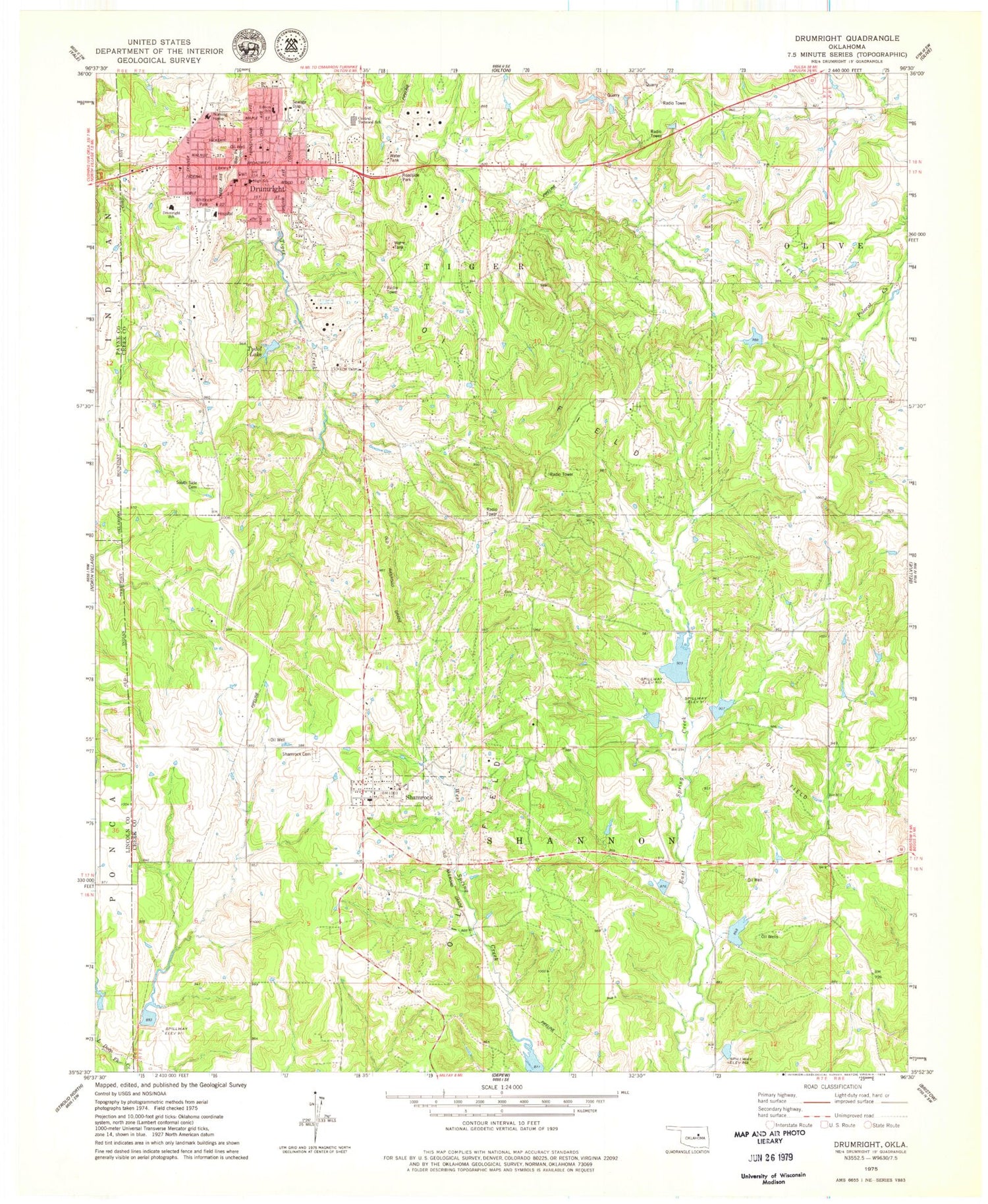 Classic USGS Drumright Oklahoma 7.5'x7.5' Topo Map Image