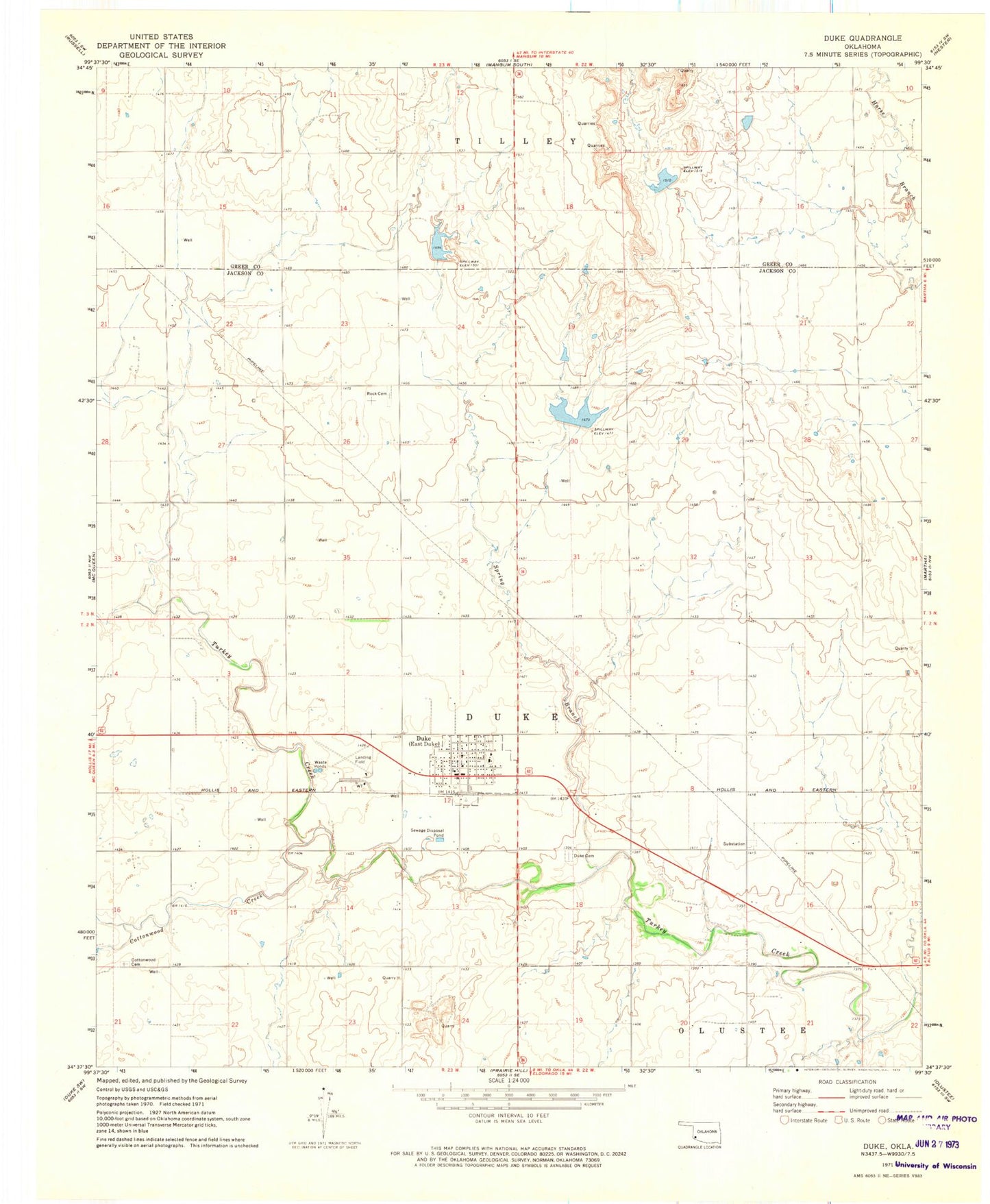 Classic USGS Duke Oklahoma 7.5'x7.5' Topo Map Image