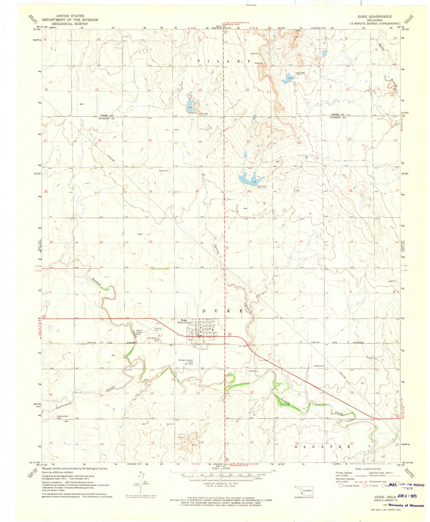 Classic USGS Duke Oklahoma 7.5'x7.5' Topo Map Image