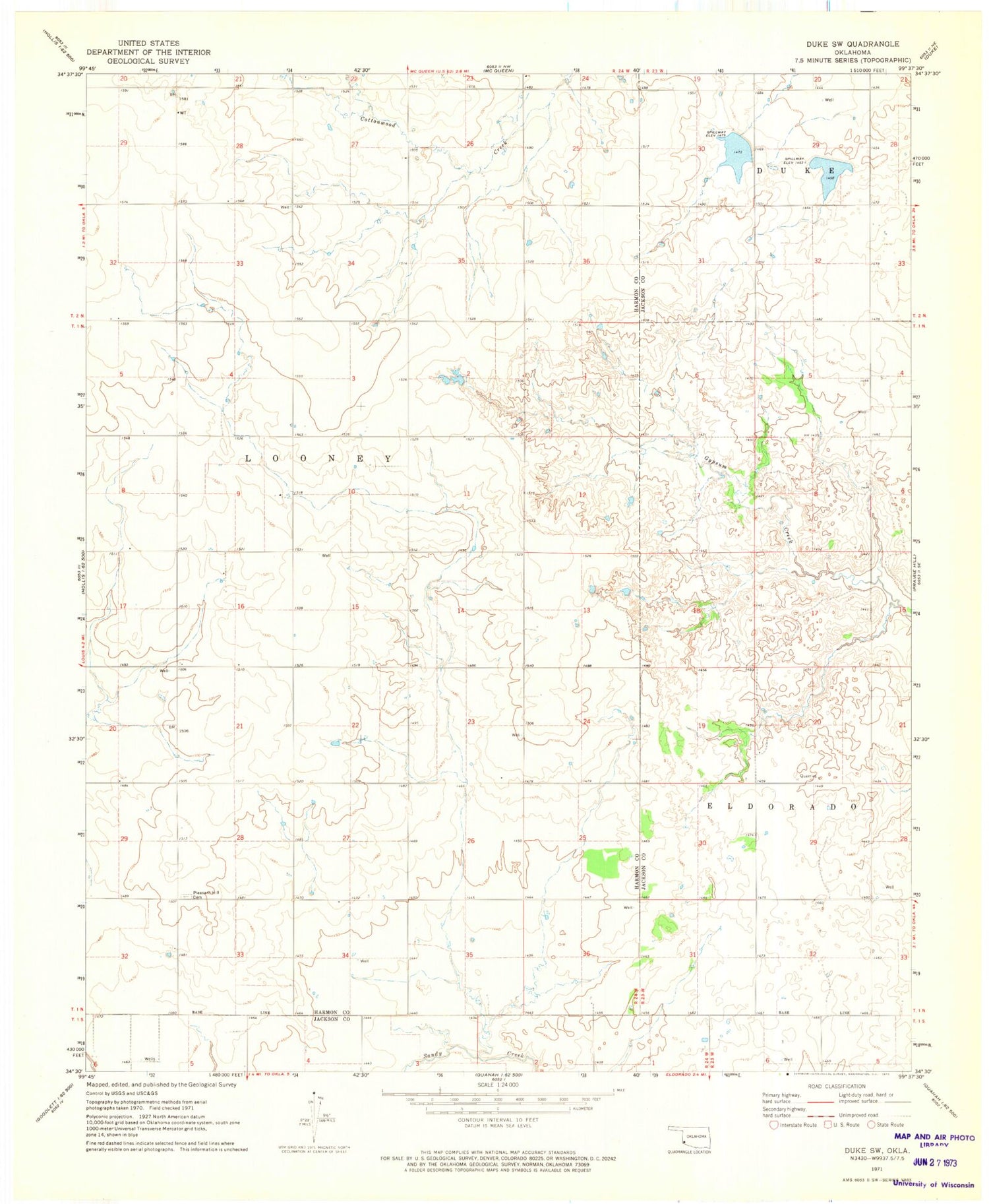 Classic USGS Duke SW Oklahoma 7.5'x7.5' Topo Map Image
