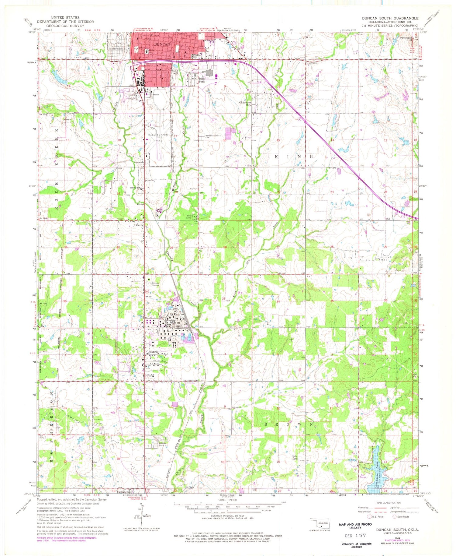 Classic USGS Duncan South Oklahoma 7.5'x7.5' Topo Map Image