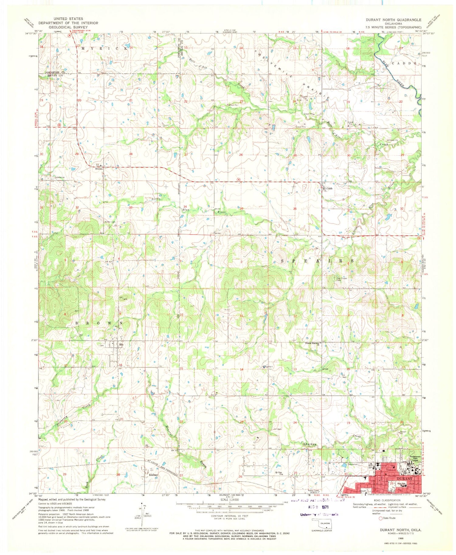 Classic USGS Durant North Oklahoma 7.5'x7.5' Topo Map Image