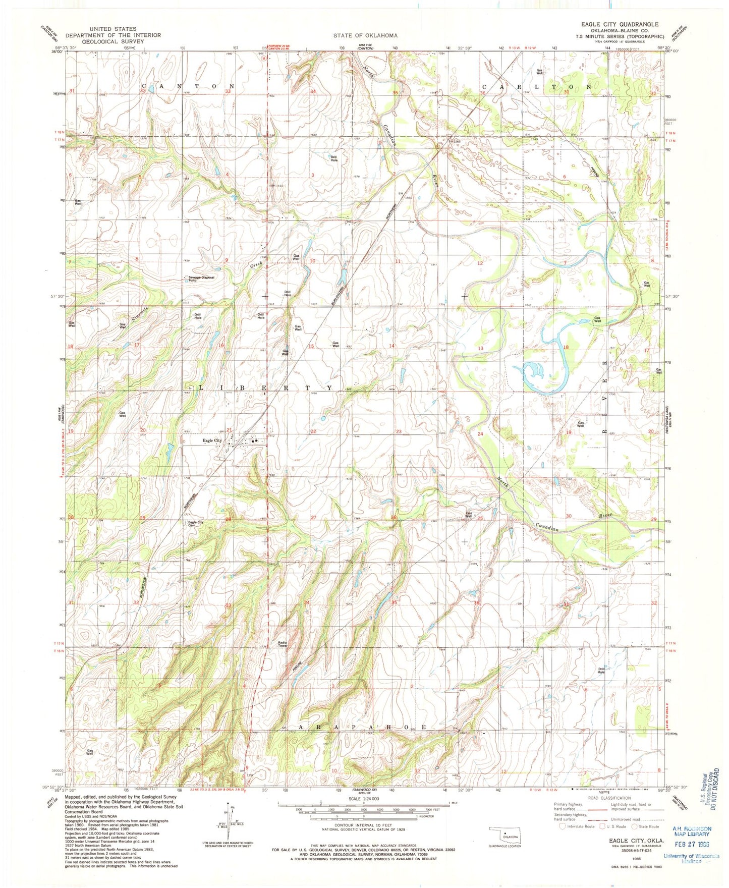 Classic USGS Eagle City Oklahoma 7.5'x7.5' Topo Map Image
