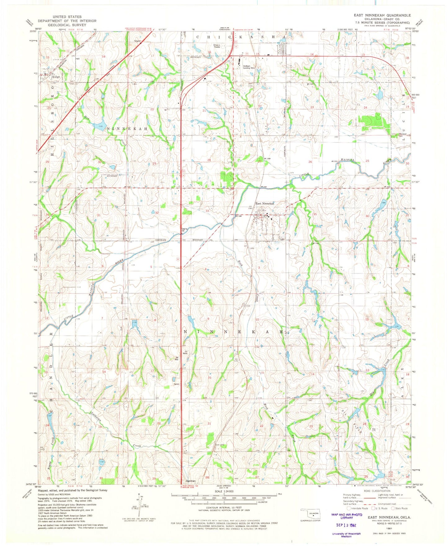 Classic USGS Ninnekah Oklahoma 7.5'x7.5' Topo Map Image