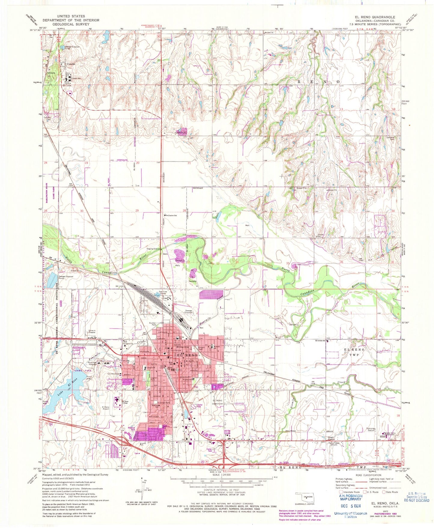 Classic USGS El Reno Oklahoma 7.5'x7.5' Topo Map Image